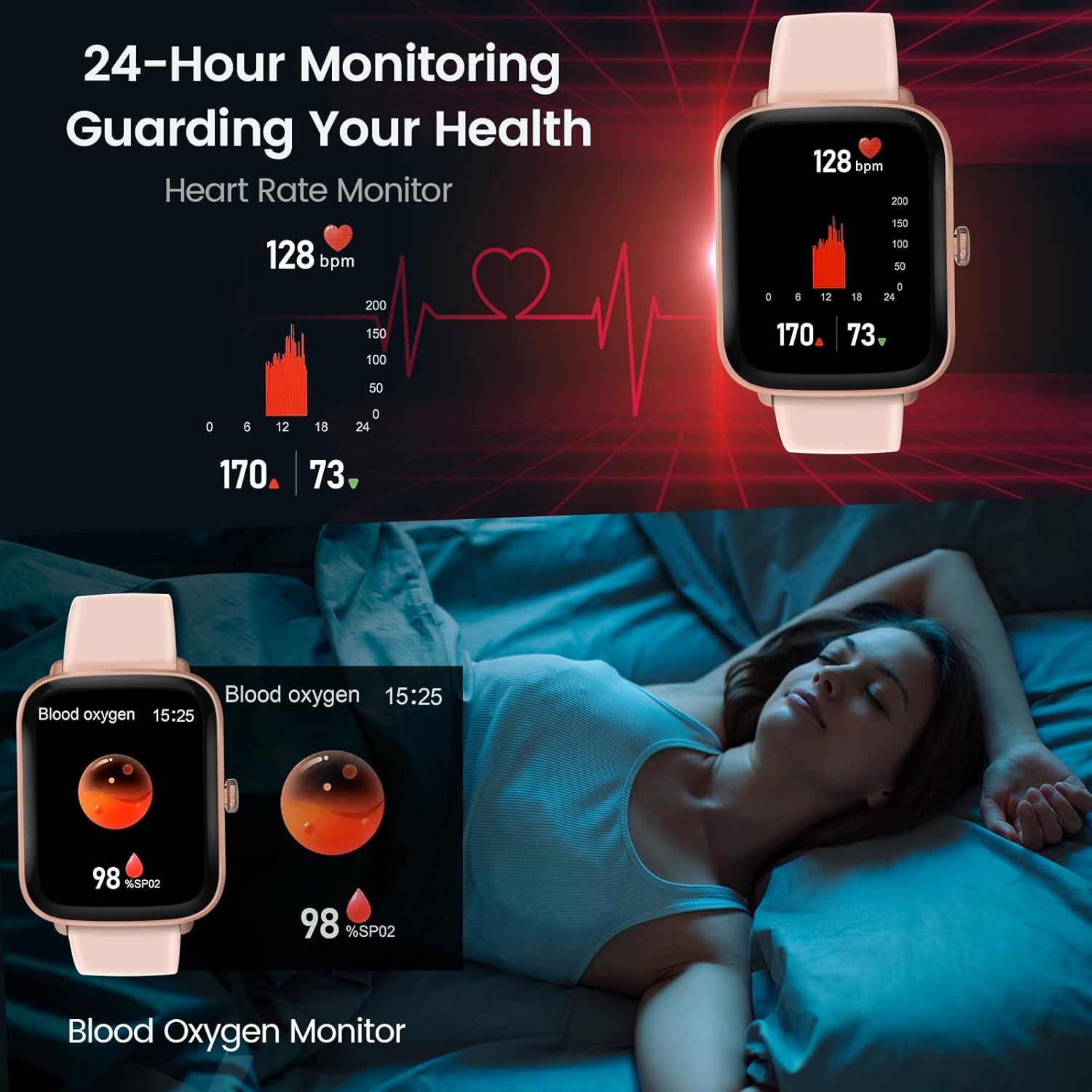 Reloj inteligente, rastreador de actividad física con monitor de sueño de oxígeno en sangre y frecuencia cardíaca, reloj inteligente de pantalla