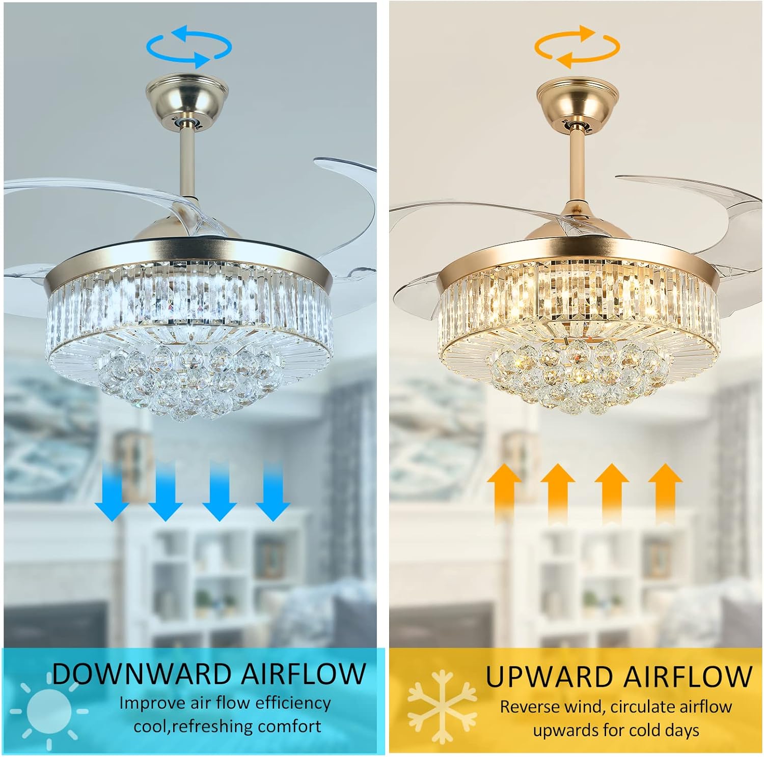 Ventilador de techo de cristal de 42 pulgadas con luces y control remoto, kit de luz LED invisible con cuchillas retráctiles para sala de estar y