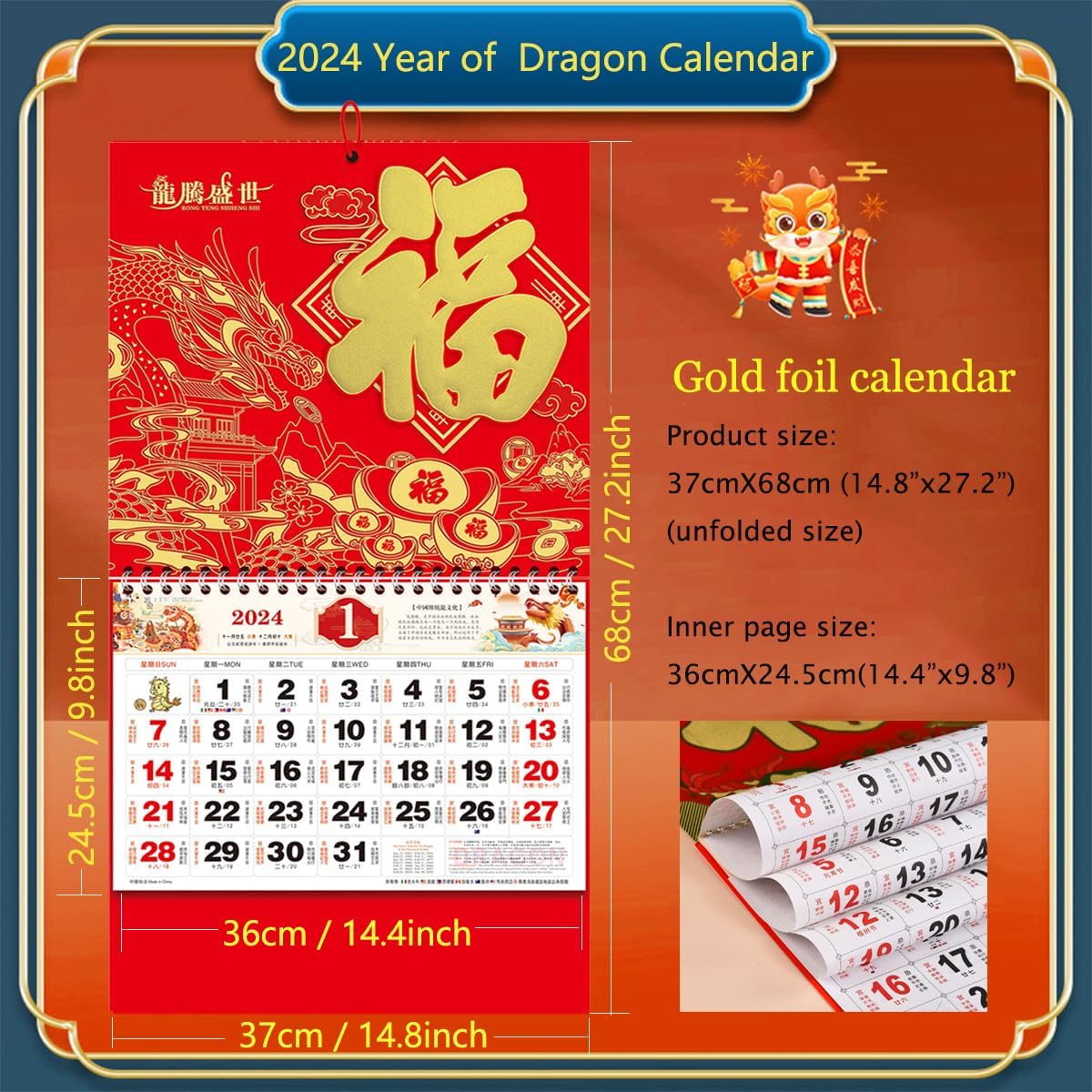 Calendario colgante chino 2024, calendario de pared del año del dragón, calendario lunar chino 2024 mensual para decoración de año nuevo chino,