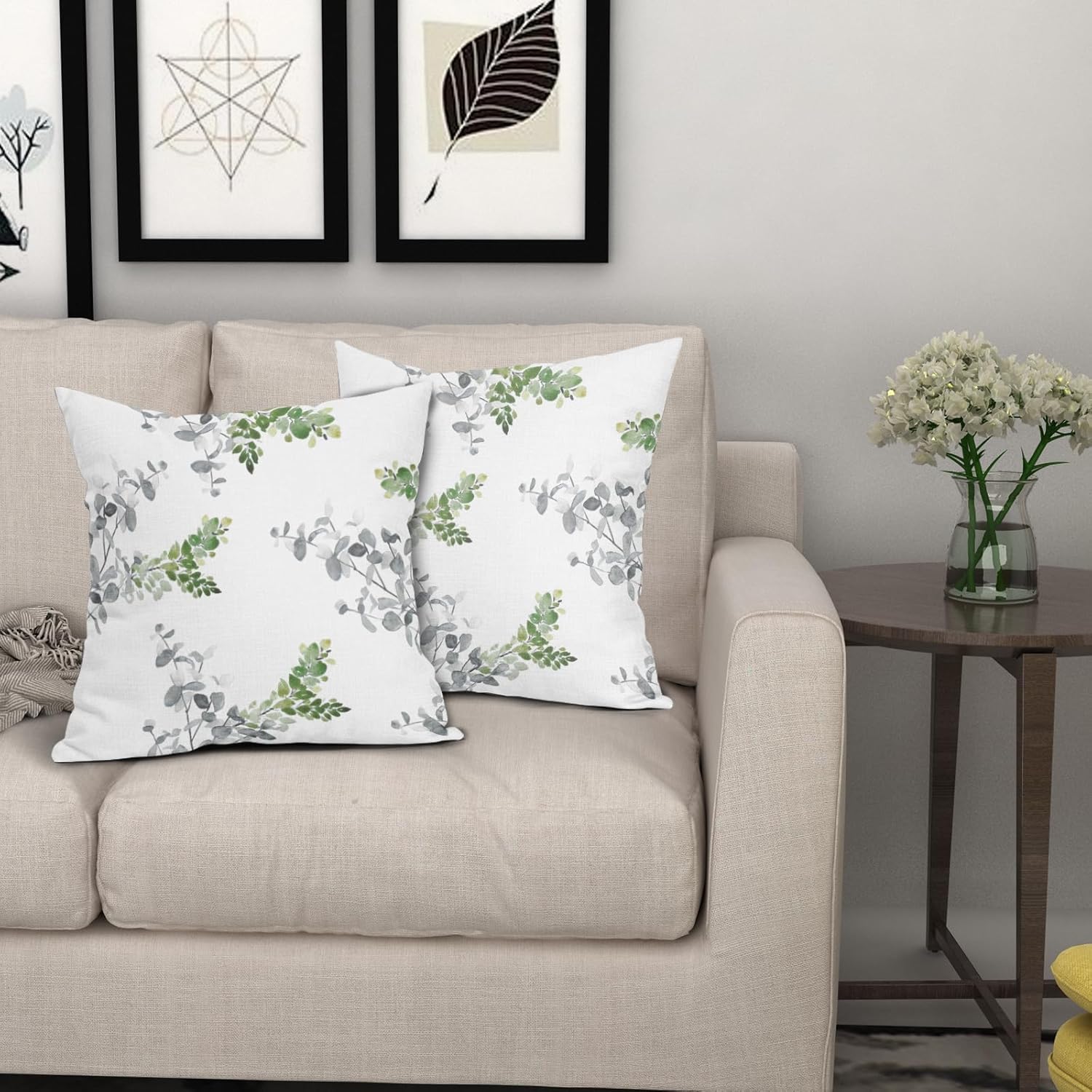 Juego de 2 fundas de almohada de 18 x 18 pulgadas, color verde y gris, fundas de almohada decorativas con hojas turquesas y grises, fundas de