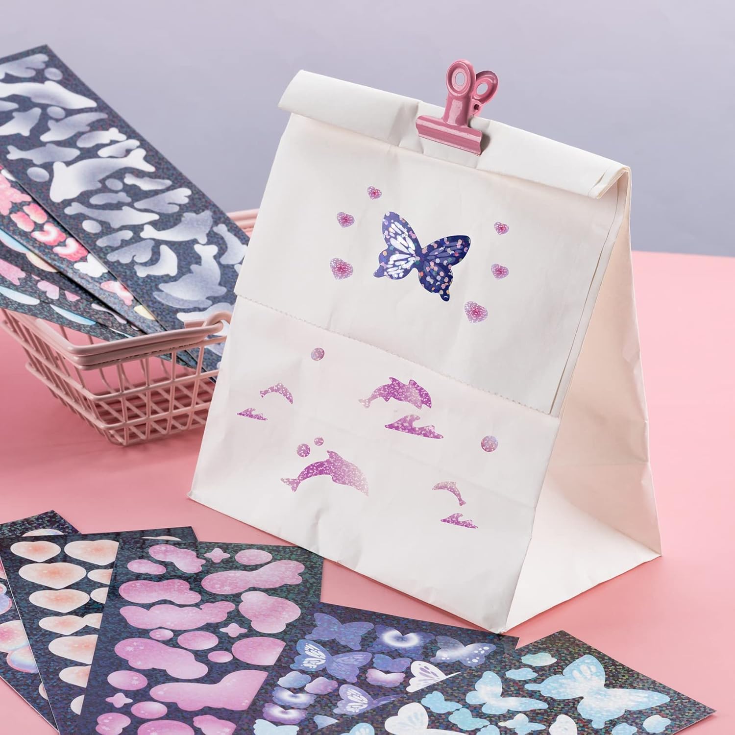 OIIKI 15 hojas de calcomanías coloridas brillantes con láser, burbujas con purpurina, delfín, mariposa, calcomanías de corazón, calcomanías