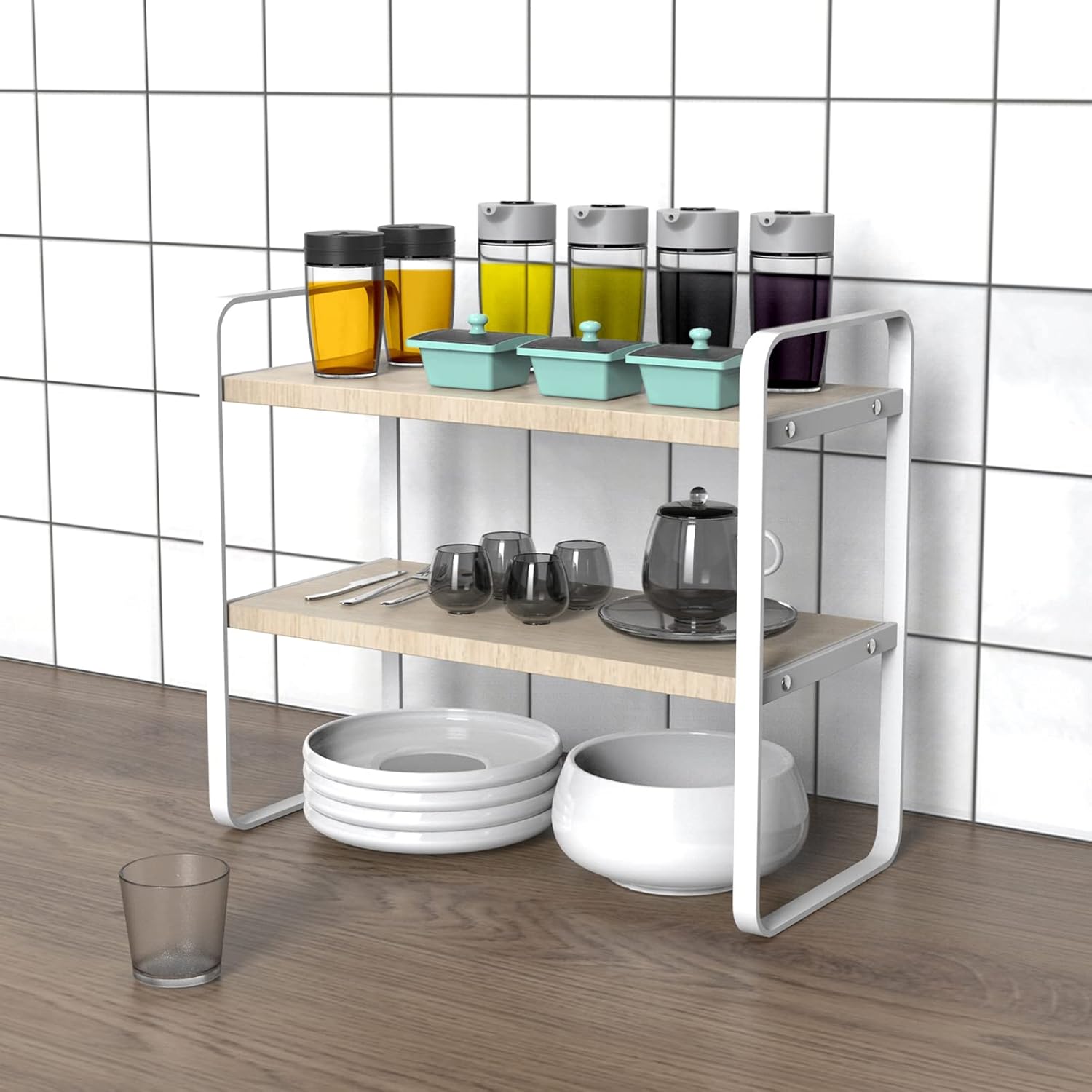 Moderno estante de almacenamiento de metal y madera de 2 niveles, estantería multiusos y organizador para el hogar y la oficina, fácil montaje,