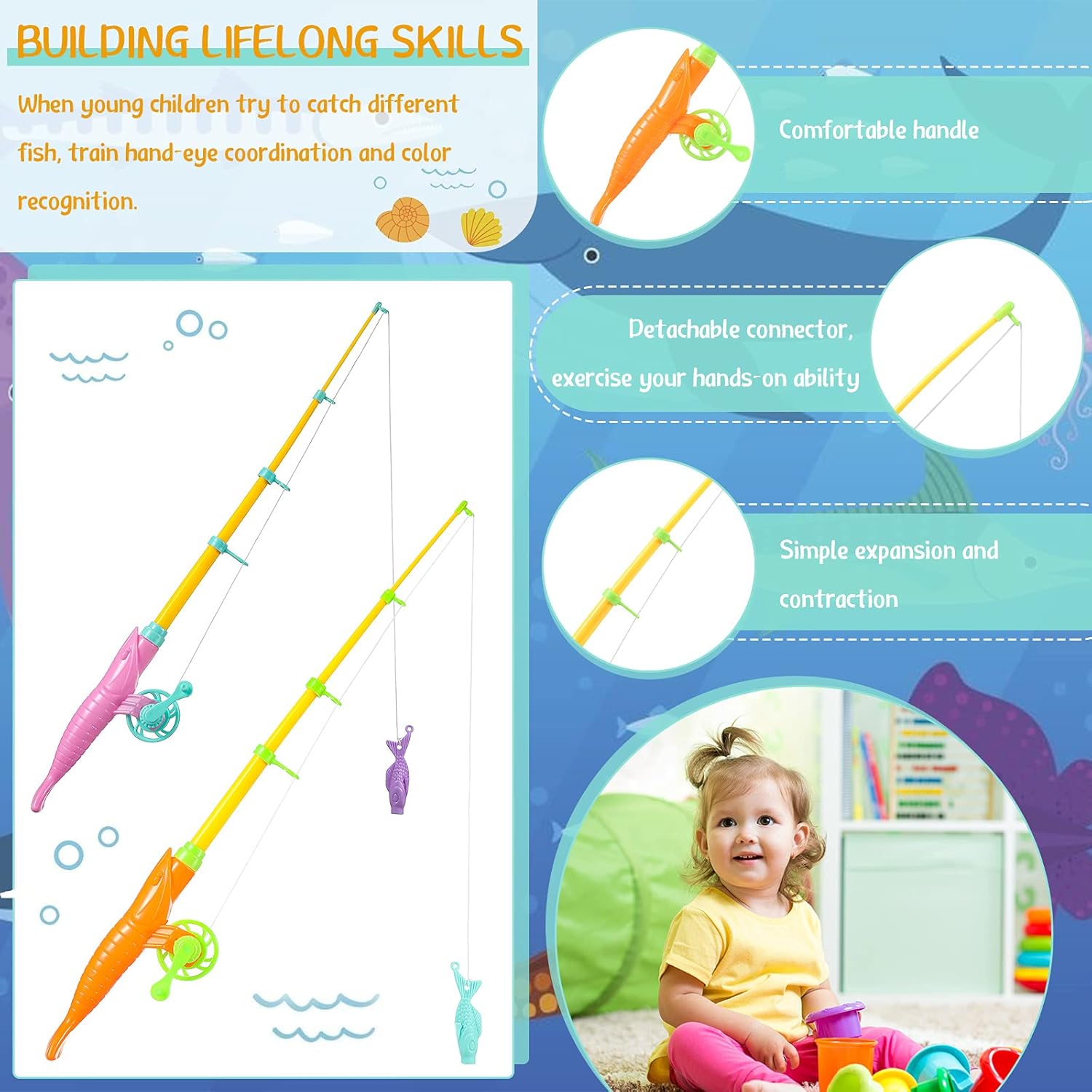 4 piezas de juego de pesca magnético, juguete flotante magnético de verano de 7.3 pulgadas, poste magnético para niños y niñas, juguete de baño de
