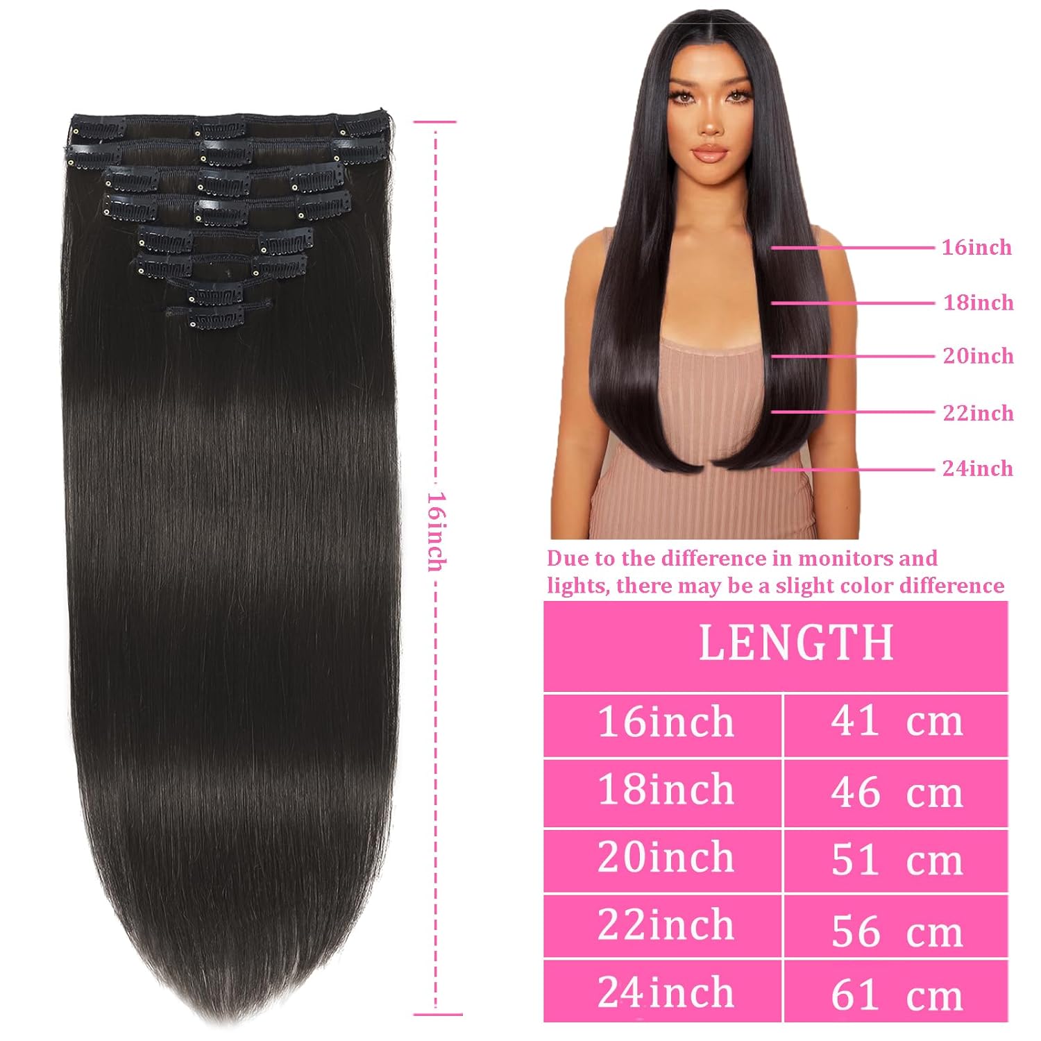 Extensiones de cabello humano con pinzas, 100% Remy, 8 piezas por juego, con 18 clips, extensiones de cabello lacio color negro natural, doble