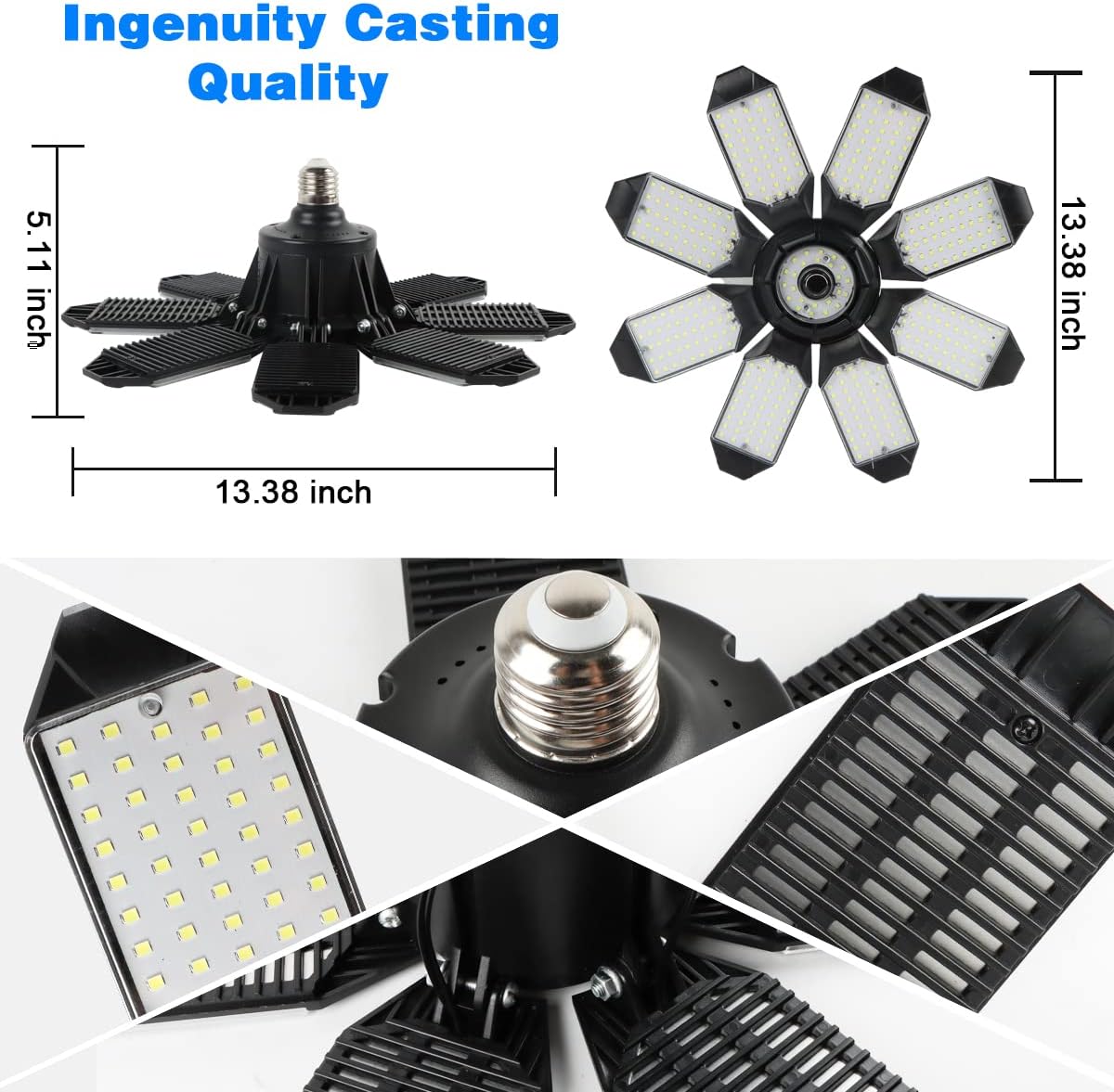 POLARPRA Luz LED de garaje  200 W 20000 lm súper brillante 6500 K luces de garaje LED de techo con 8 paneles ajustables compatibles con enchufe de