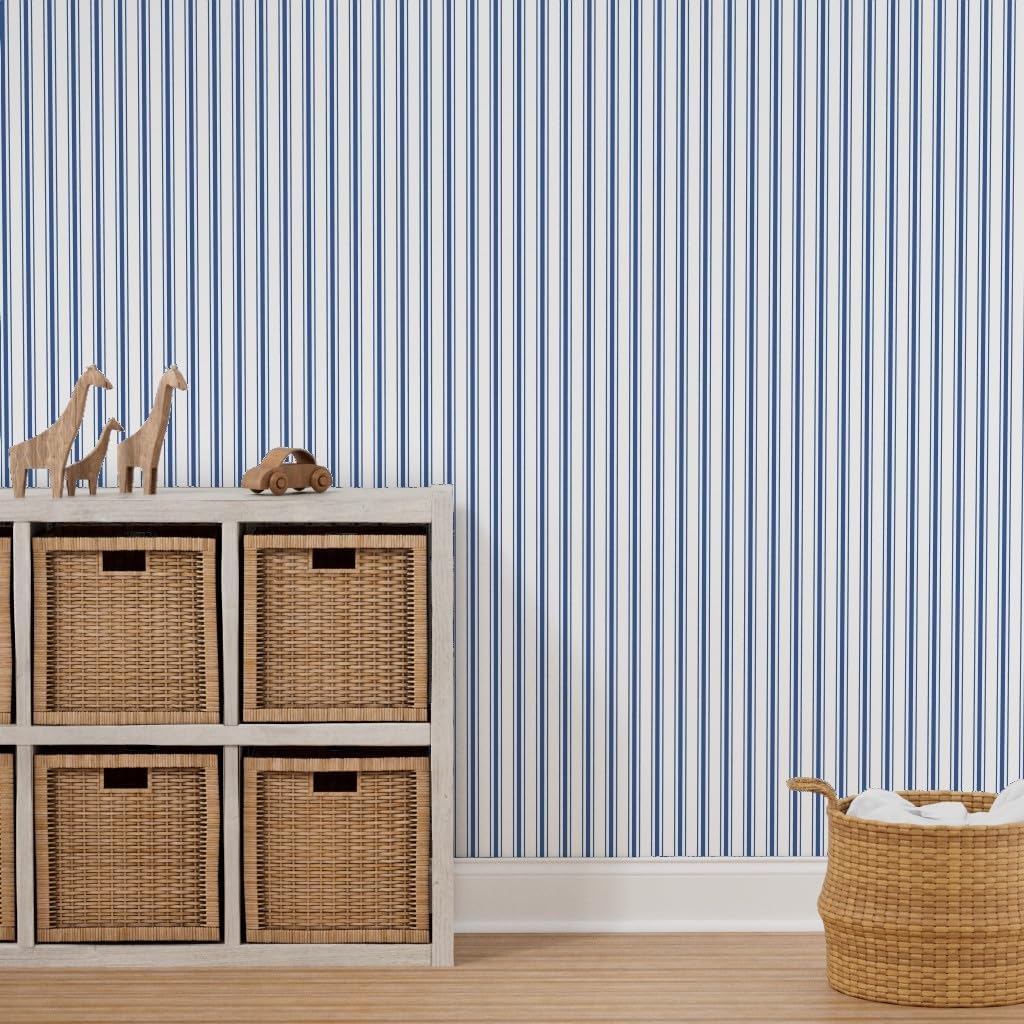 Spoonflower Removable Wallpaper 3ft x 2ft – French Ticking Stripes Striped Pattern Dark Blue White Farmhouse Custom Pre-Pasted Wallpaper