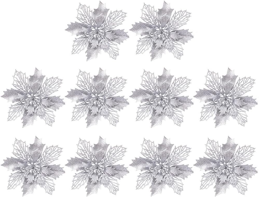 10 flores artificiales de Navidad de flor de pascua, lentejuelas con purpurina, adornos para árbol de Navidad, decoraciones de flor de pascua para
