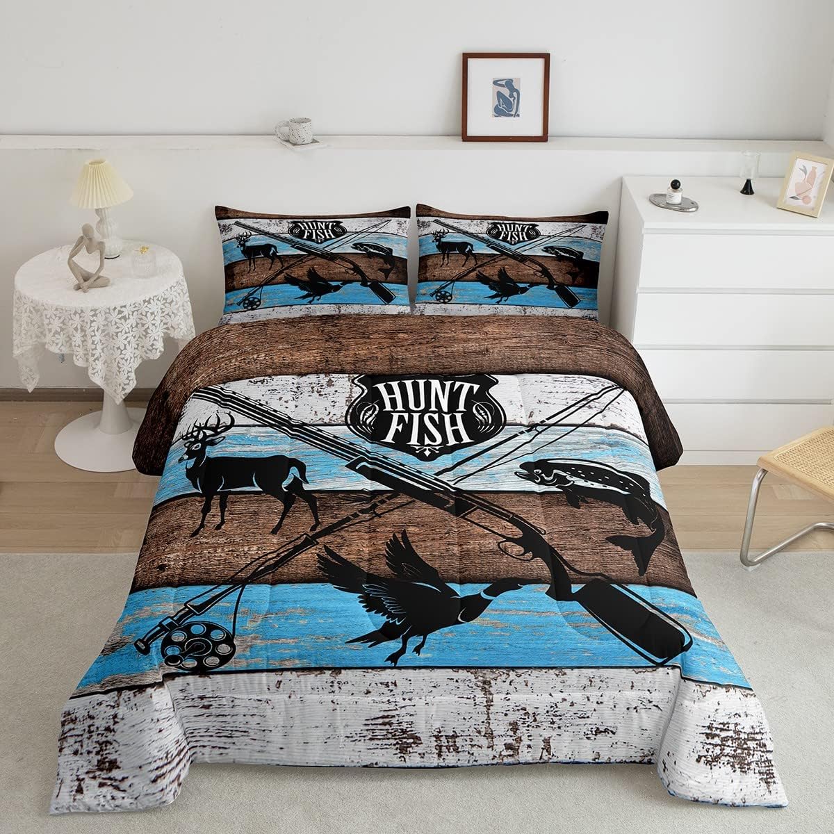 Juego de edredón tamaño Queen con temática de caza de animales de ciervos y pájaros, con 2 fundas de almohada, tablero de madera azul rústico, 3