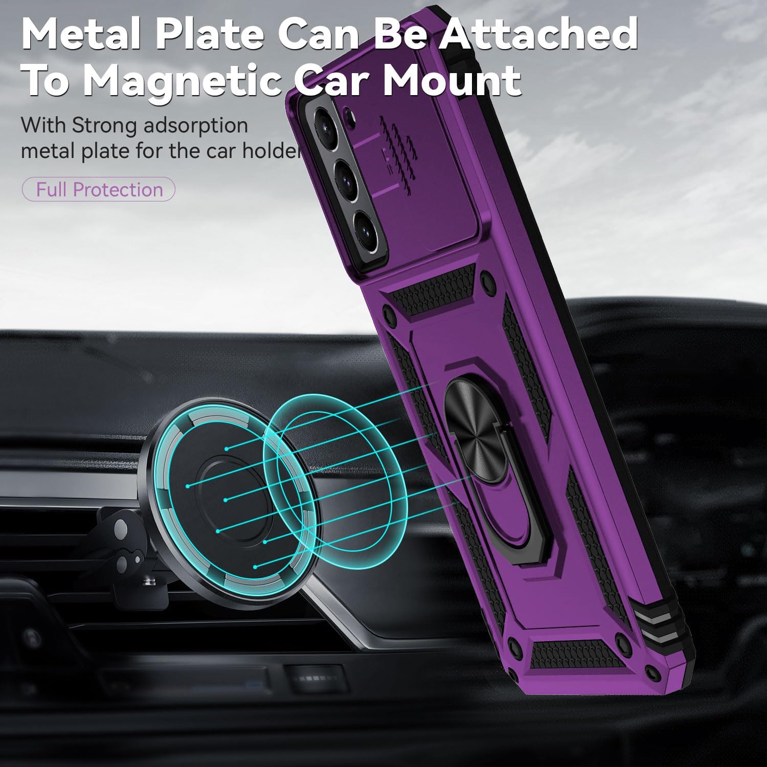 Funda para Samsung Galaxy S21 con funda deslizante para cámara y protector de pantalla de TPU flexible autorreparable 2 unidades, soporte de anillo
