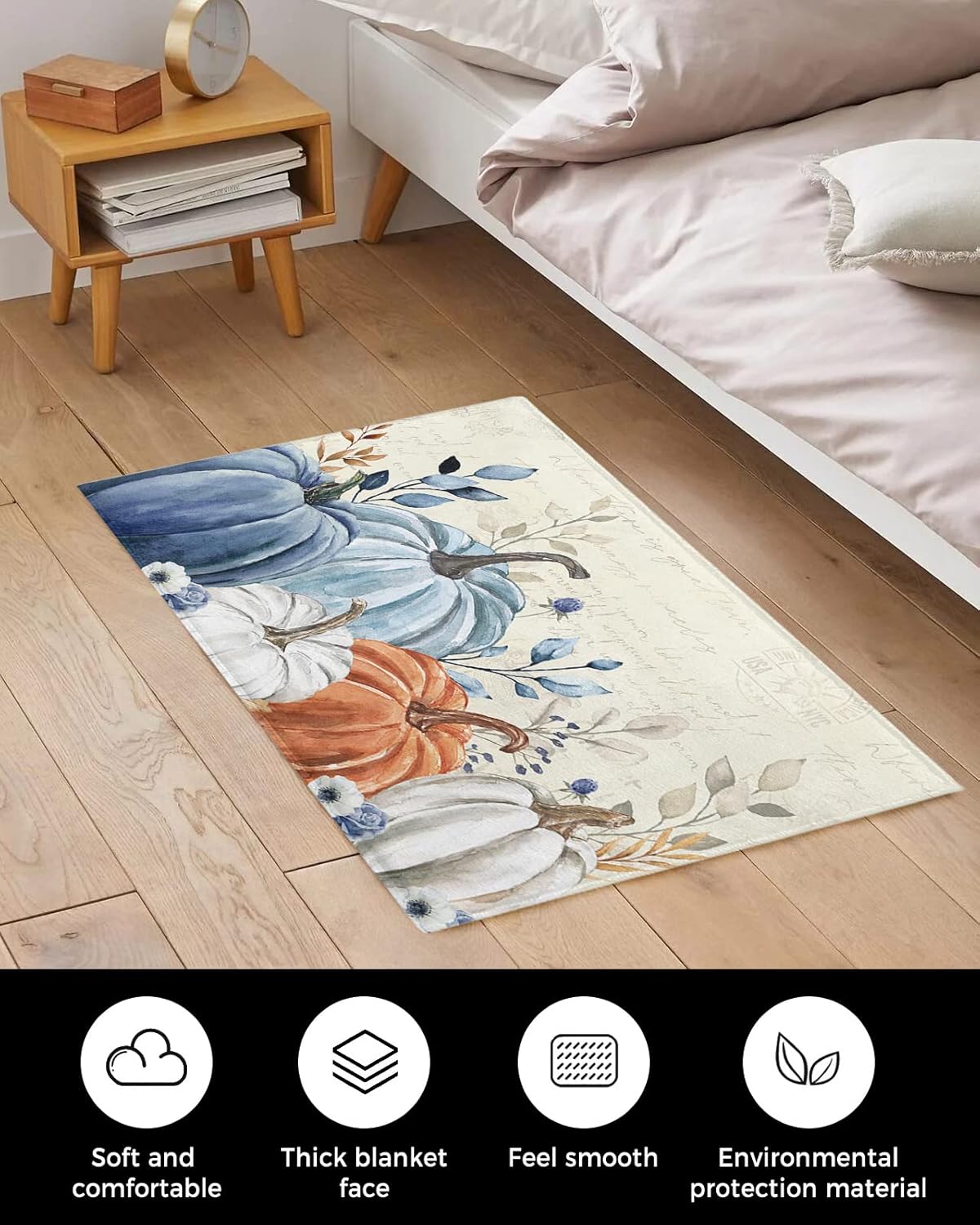 Elegant Pumpkins – Alfombra de baño antideslizante, suave, de pelo largo, peludo, de 16 x 24 pulgadas, vintage, azul, naranja, blanco, eucalipto,