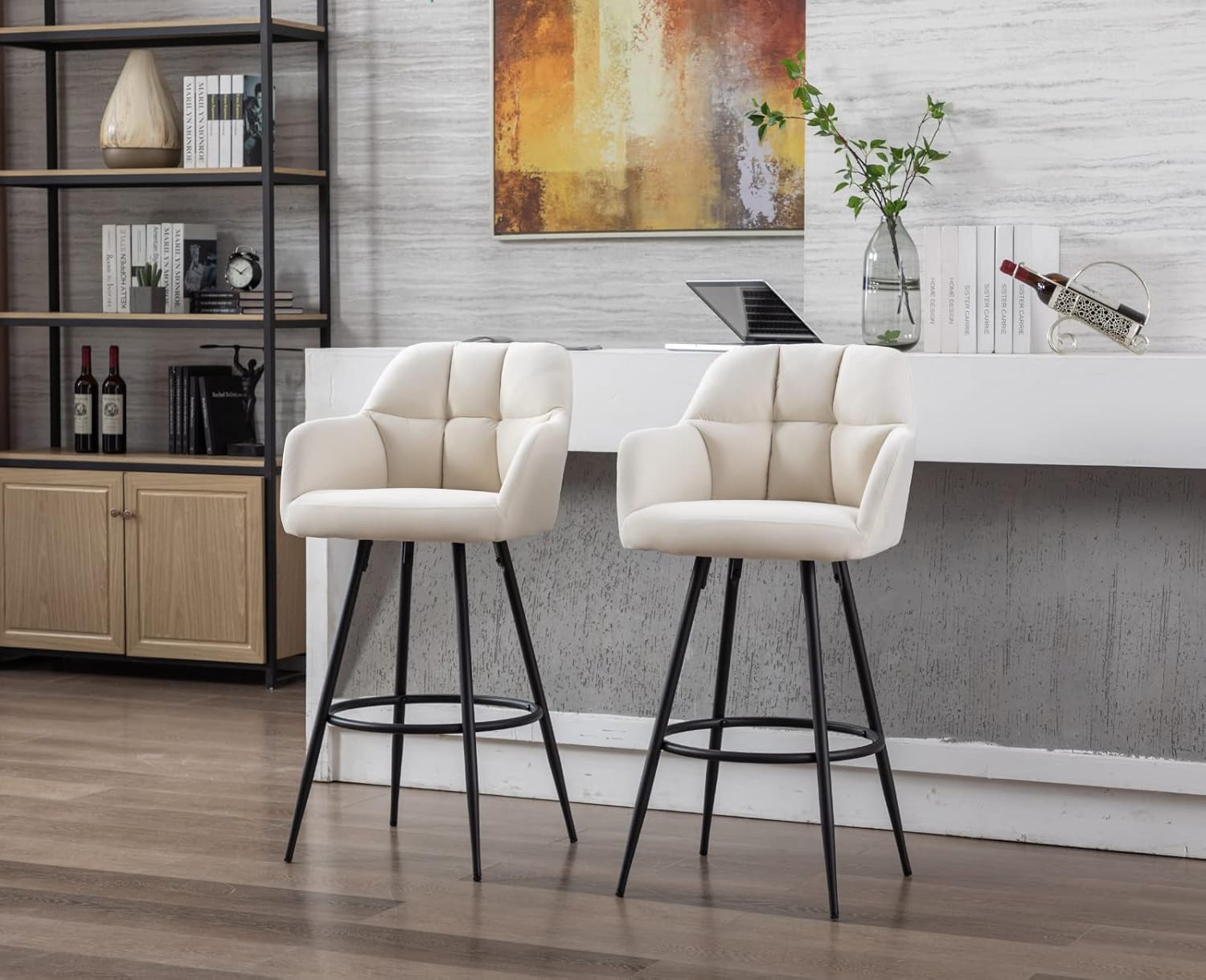 CIMOTA Taburetes de bar modernos de terciopelo de altura de barra, color crema, altura del asiento de 30 pulgadas