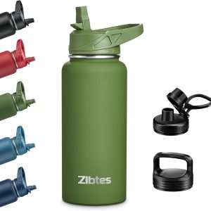 Zibtes Botella de agua aislada de 32 onzas con popote, 3 tapas (abatible, boquilla y tapa de asa), botella de agua deportiva de acero inoxidable a Zibtes Botella de agua aislada de 32 onzas con popote, 3 tapas (abatible, boquilla y tapa de asa), botella de agua deportiva de acero inoxidable a