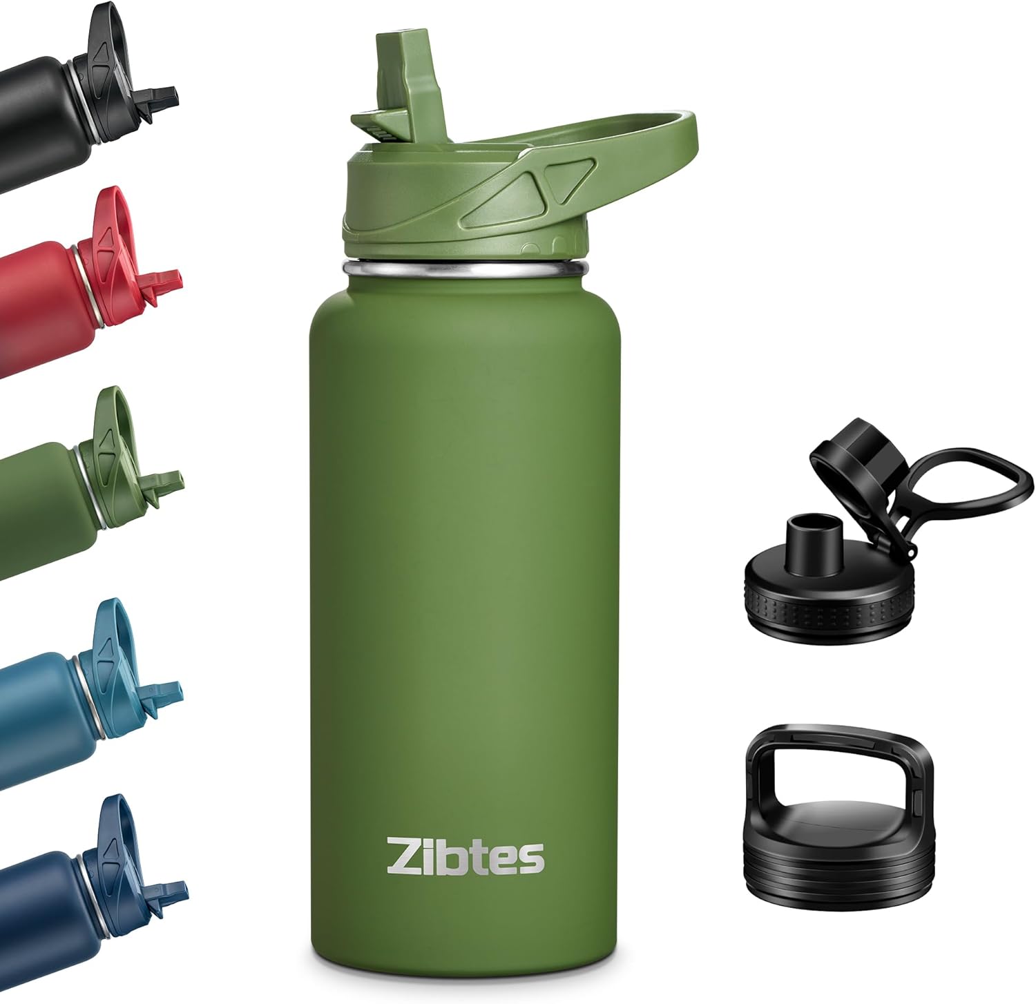 Zibtes Botella de agua aislada de 32 onzas con popote, 3 tapas (abatible, boquilla y tapa de asa), botella de agua deportiva de acero inoxidable a
