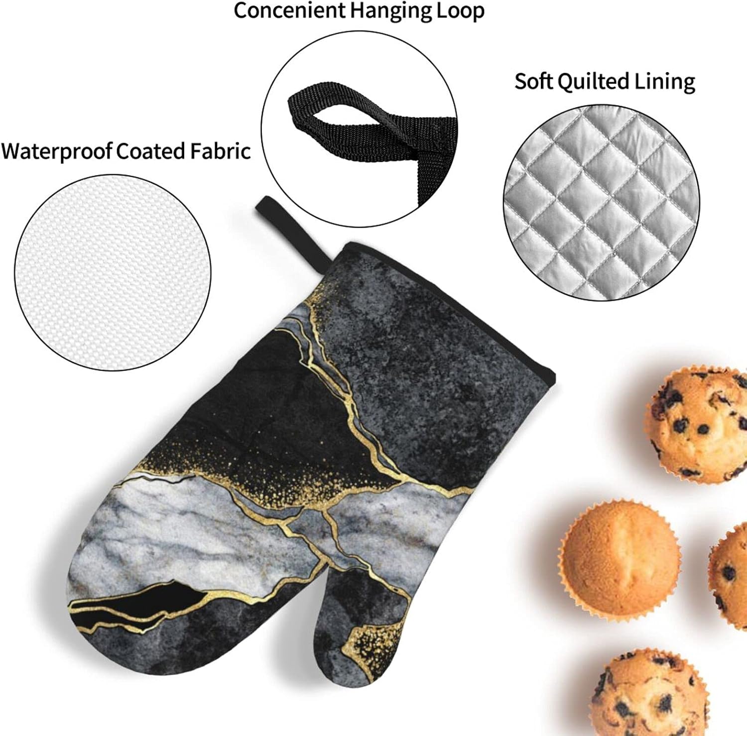 Juego de 4 manoplas de horno y soportes para ollas, guantes de cocina de mármol negro y dorado, resistentes al calor, antideslizantes, para chef,