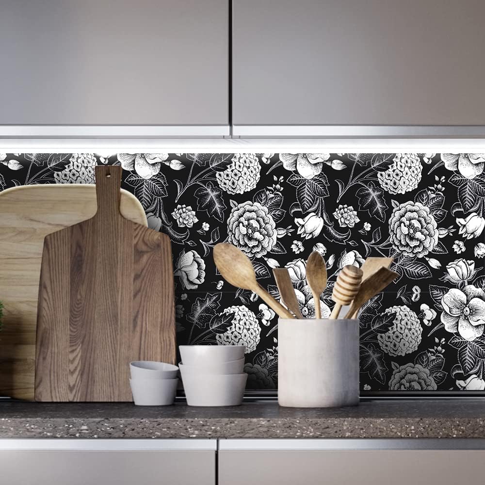 Papel tapiz vintage moderno en blanco y negro, papel tapiz floral, autoadhesivo, prepegado, papel tapiz removible (17.7 x 118.1 pulgadas,