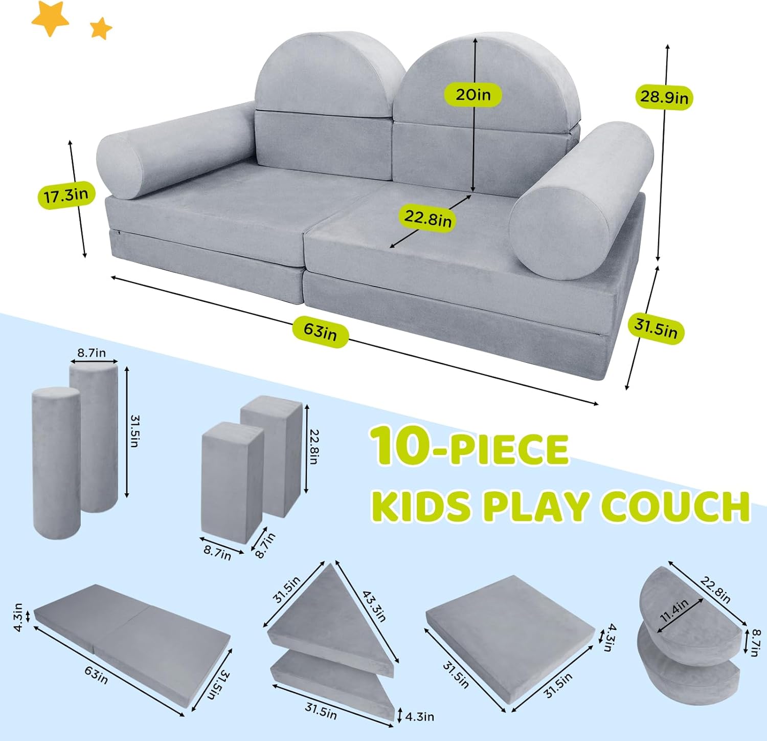 Sofá modular para niños, sofá modular de primera calidad de 63 pulgadas para niños pequeños, adolescentes, muebles ideales para dormitorio, sala de