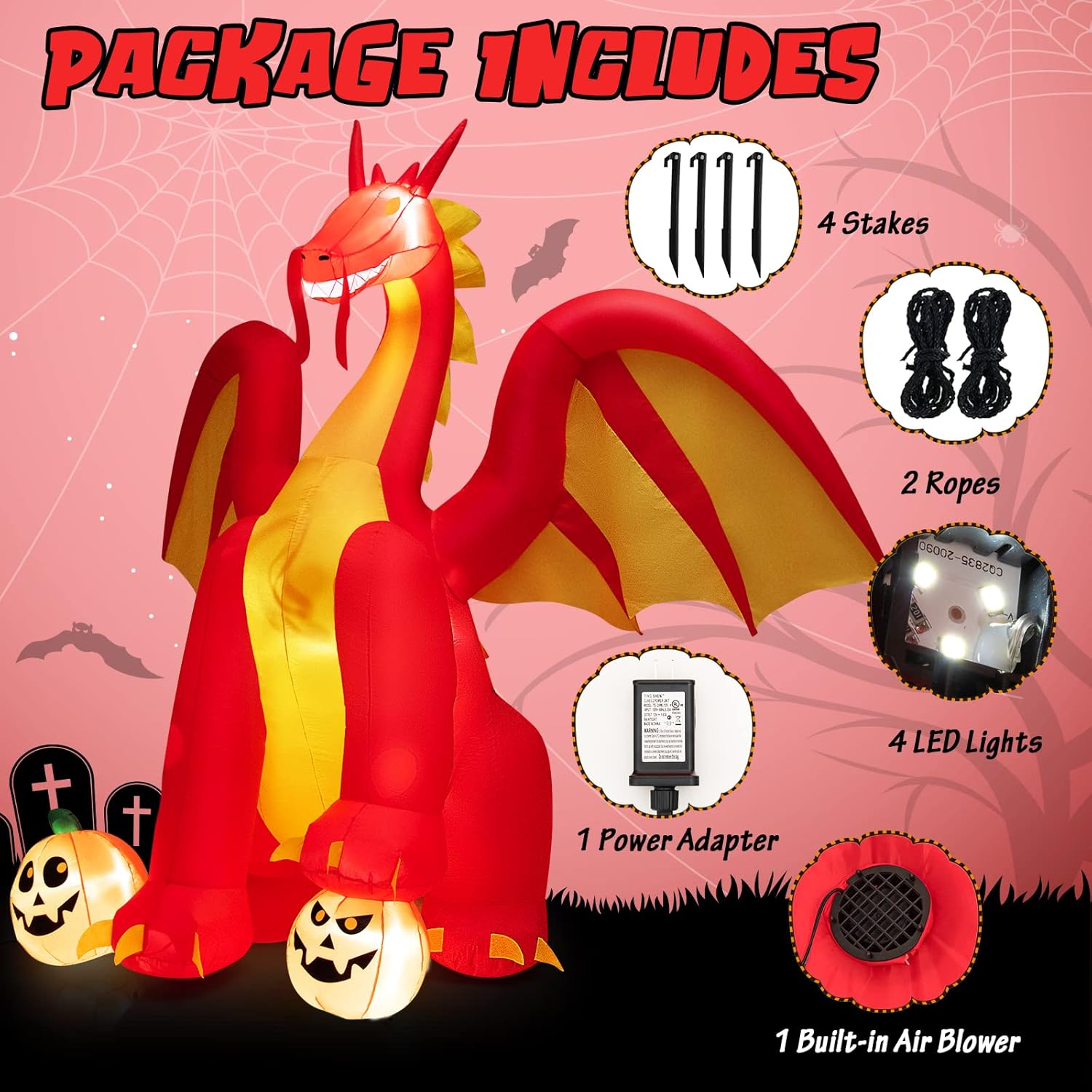 COSTWAY Dragón de fuego animado gigante inflable de 10 pies para decoración de Halloween al aire libre con luces
