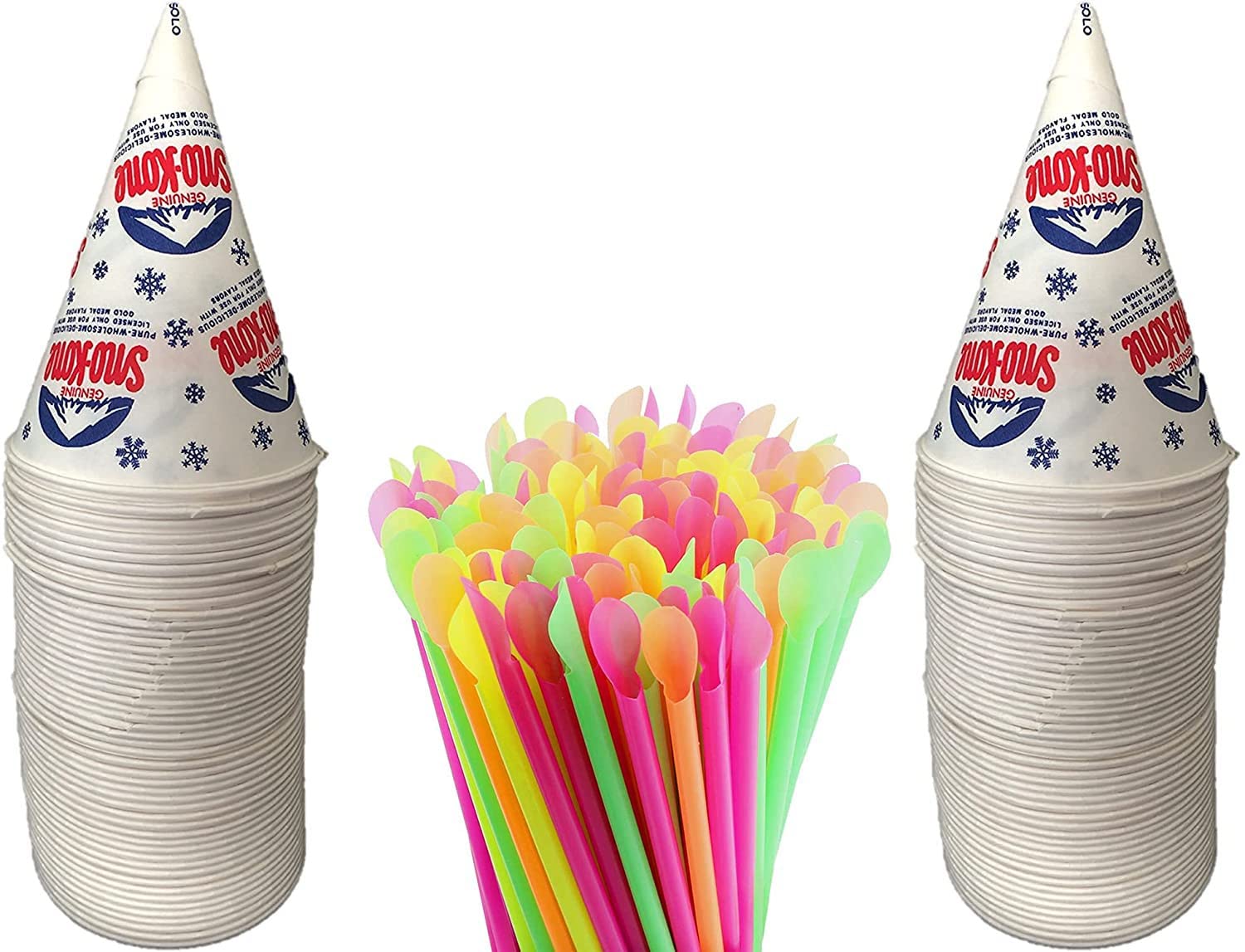 Conos de algodón de azúcar, paquete de 100 conos de algodón de azúcar. Conos de papel blanco y 100 tazas de cono de nieve de 6 onzas con 100 pajitas