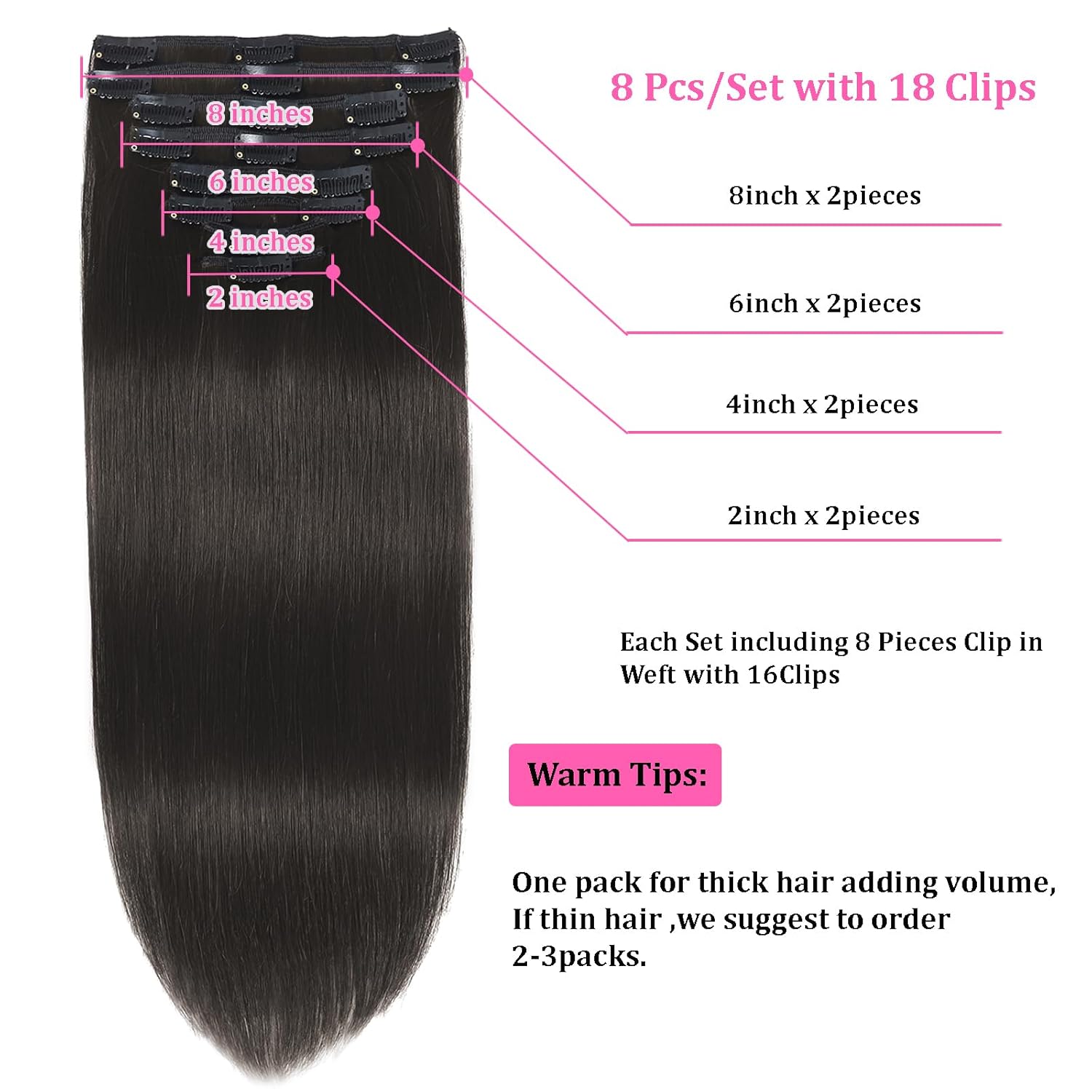 Extensiones de cabello humano con pinzas, 100% Remy, 8 piezas por juego, con 18 clips, extensiones de cabello lacio color negro natural, doble
