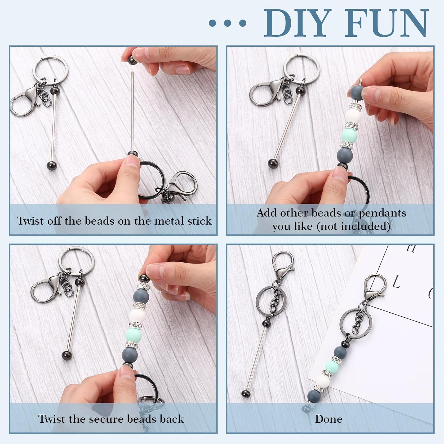 6 piezas de llaveros con cuentas, barras en blanco, llavero de cuentas de metal con cuentas para colgante, manualidades, joyería, regalo
