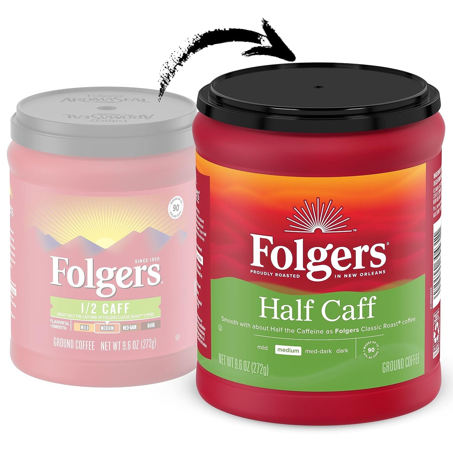 Folgers Café molido Half Caff, tostado medio, 9.6 onzas