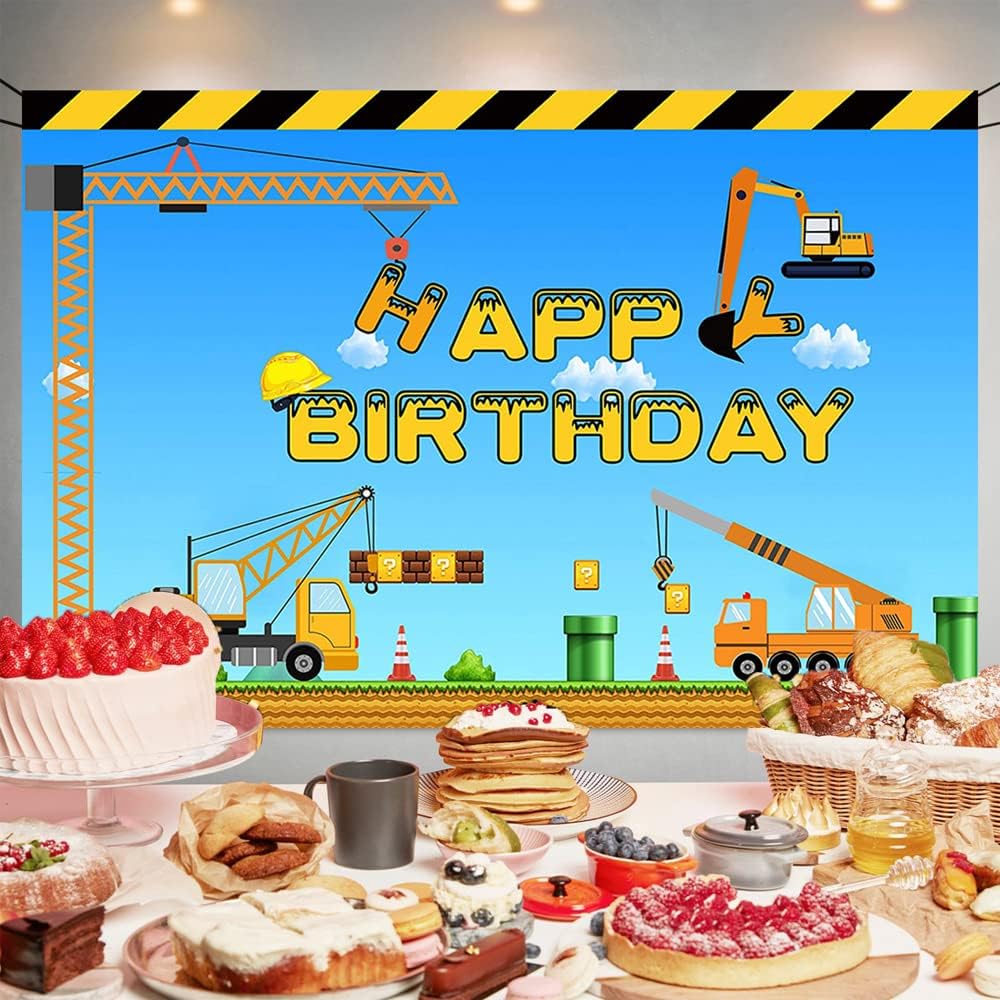 Tema de construcción feliz cumpleaños telón de fondo camión volquete grúa fiesta de cumpleaños banner excavadora camión fotografía fondo niños