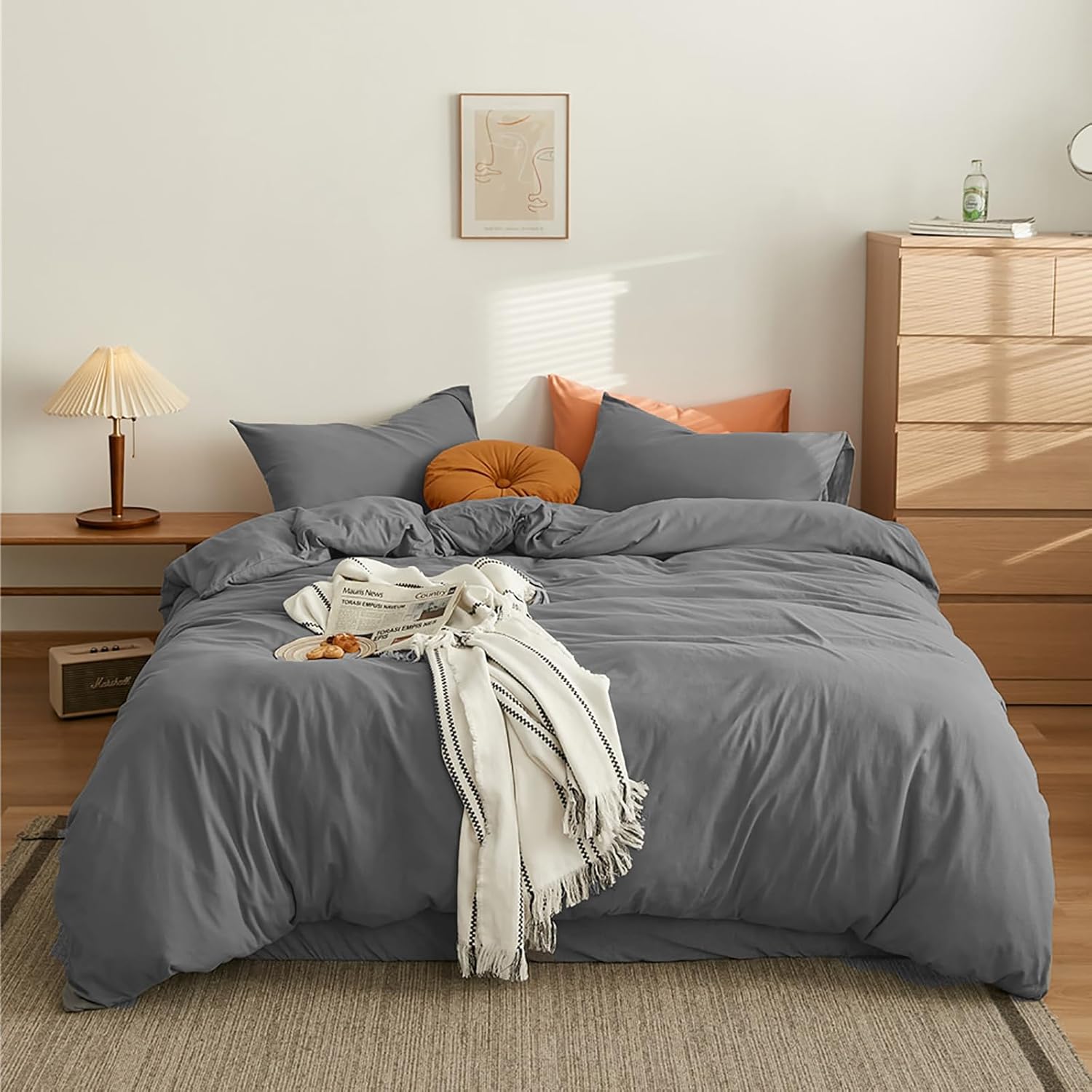 Cottonight – Juego de edredón 3 piezas, unicolor, moderno, suave, transpirable, individual, gris oscuro