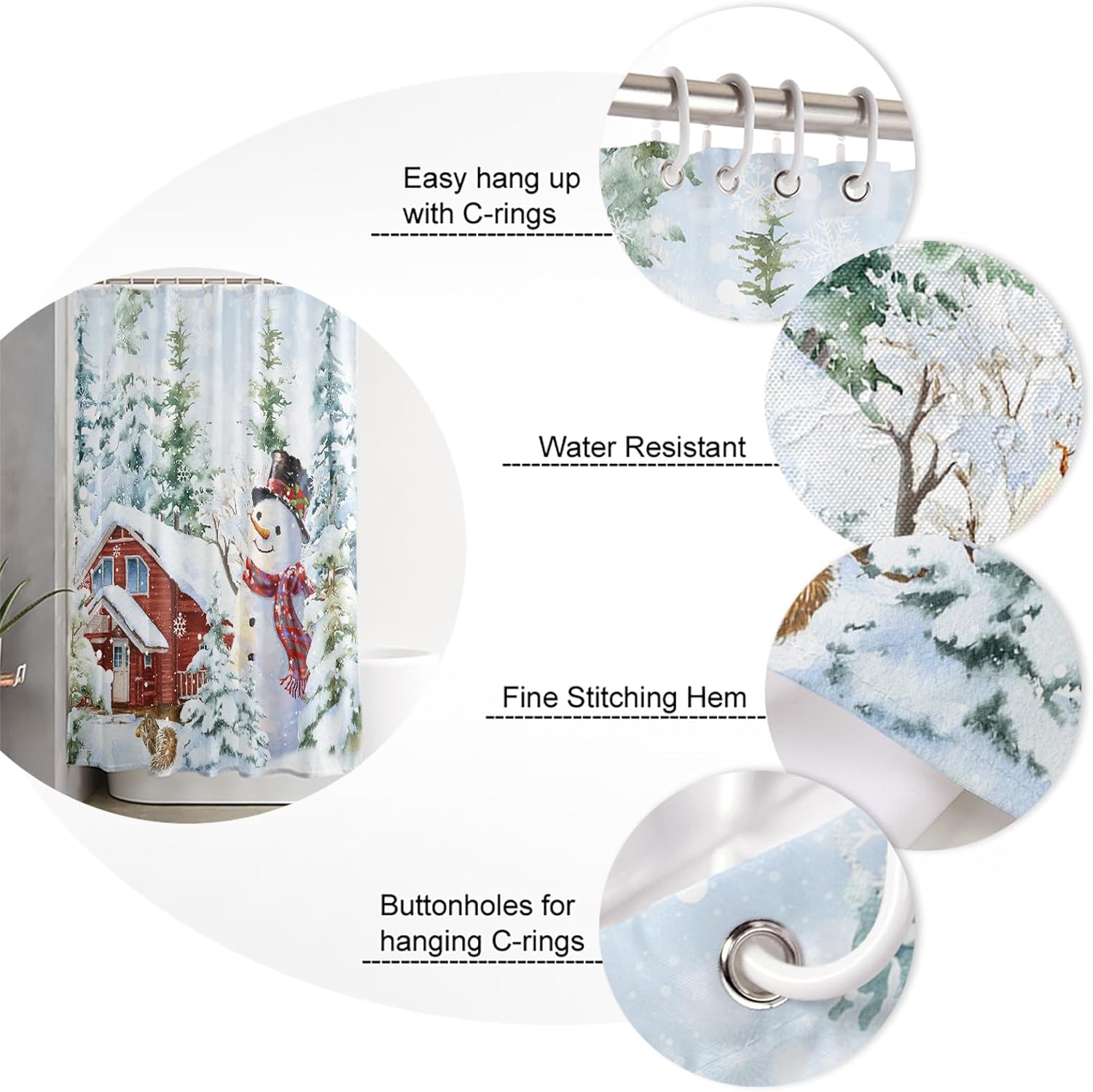 Winter Christmas Shower Curtain, Country Snowman Squirrel Waterproof Washable Boho Funny Cute Shower Curtains Set for Bathroom Farmhouse Bathtubs