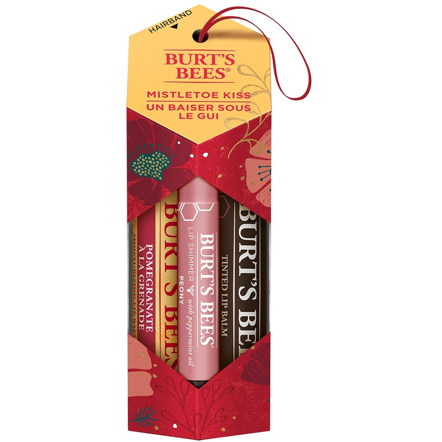 Burts Bees Mistletoe Kiss Kit Unisex 2021-0.15oz Bálsamo labial hidratante de granada, brillo labial de peonía de 0.09 onzas, bálsamo labial teñido
