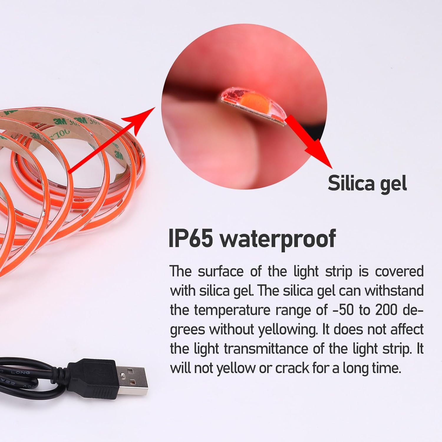 DC 5V USB COB rojo LED tira de luz IP65 impermeable USB alimentado 6.6ft2M 640LEDs alto brillo flexible luces de cinta LED
