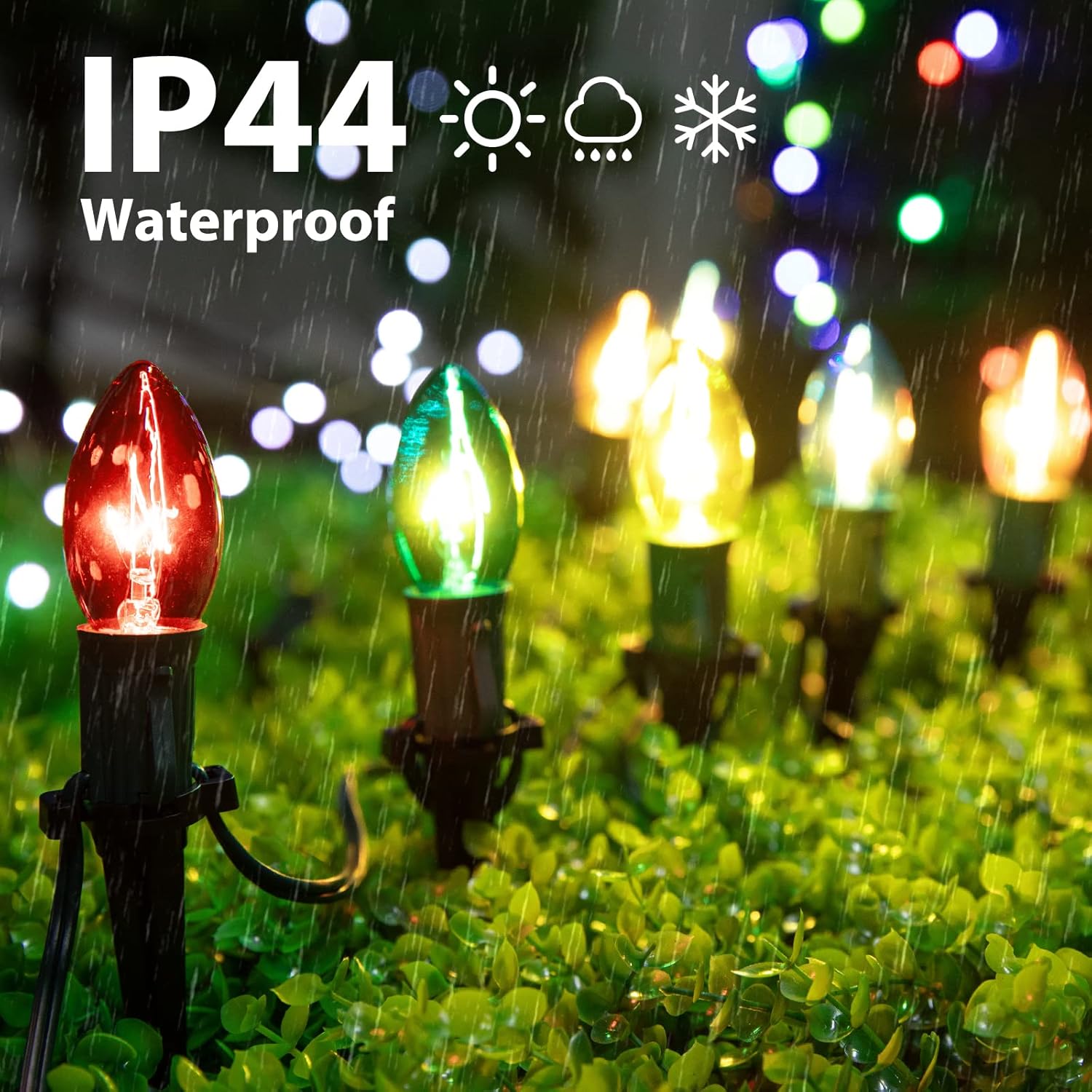 Luces de camino de Navidad para exteriores, luces de Navidad de 51.4 pies con 40 bombillas y estacas multicolores, conectables al aire libre,