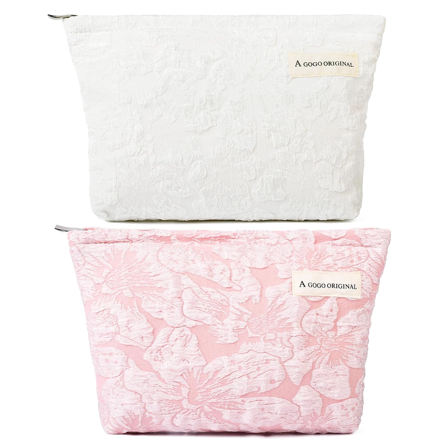 Bolsa de maquillaje grande de 2 piezas, bolsa de cosméticos floral, color rosa y blanco, de lona, bolsa de aseo de viaje, organizador de brochas de