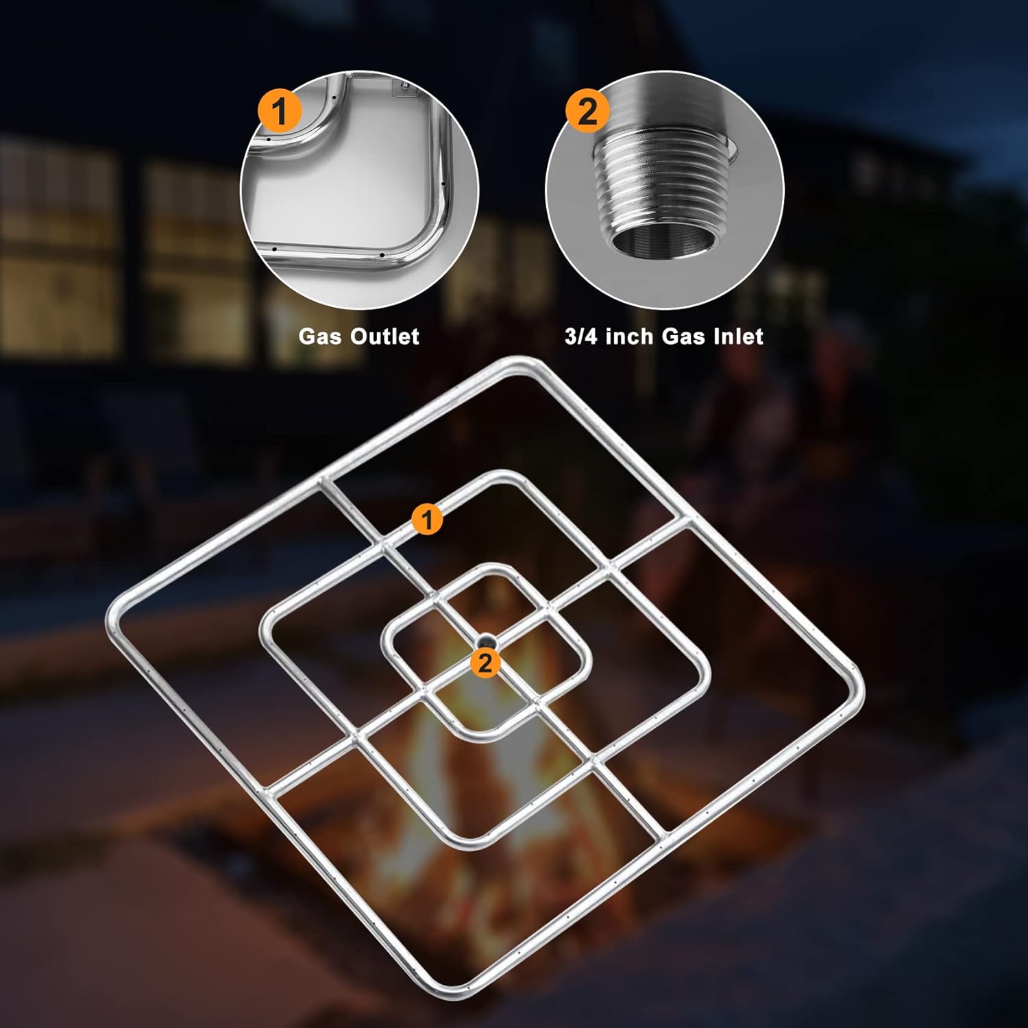 onlyfire – Anillo cuadrado de 36 pulgadas para fogata de gas natural y propano y chimenea, quemador de acero inoxidable 304 para interiores y