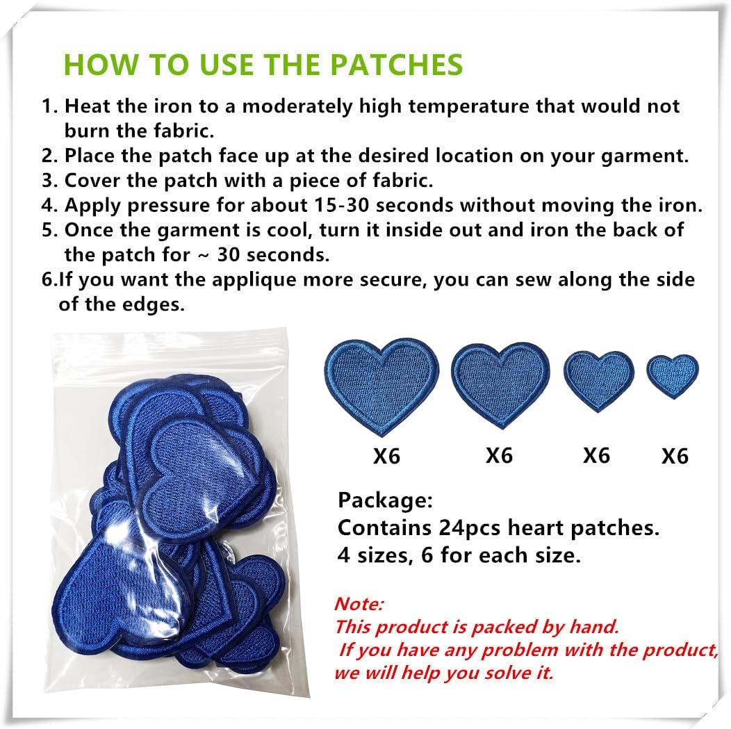 Zlettery 24 parches para planchar con corazón azul, parches bordados con corazón para ropa, chaquetas, sombreros, mochilas, jeans