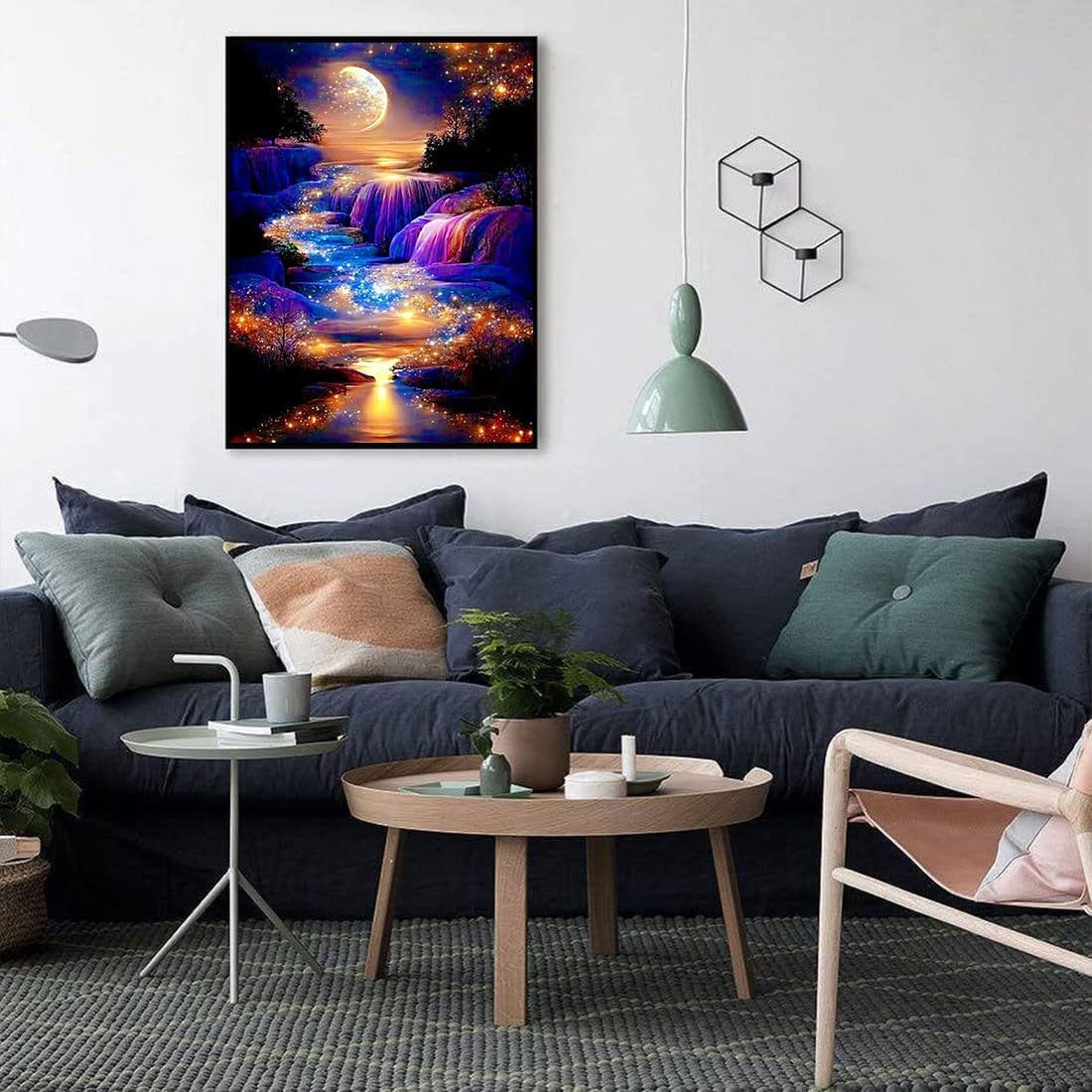 WUSARPLY Kits de pintura de diamantes con luz de luna para adultos, kit de arte de diamantes de paisaje nocturno, pintura de puntos de diamante con