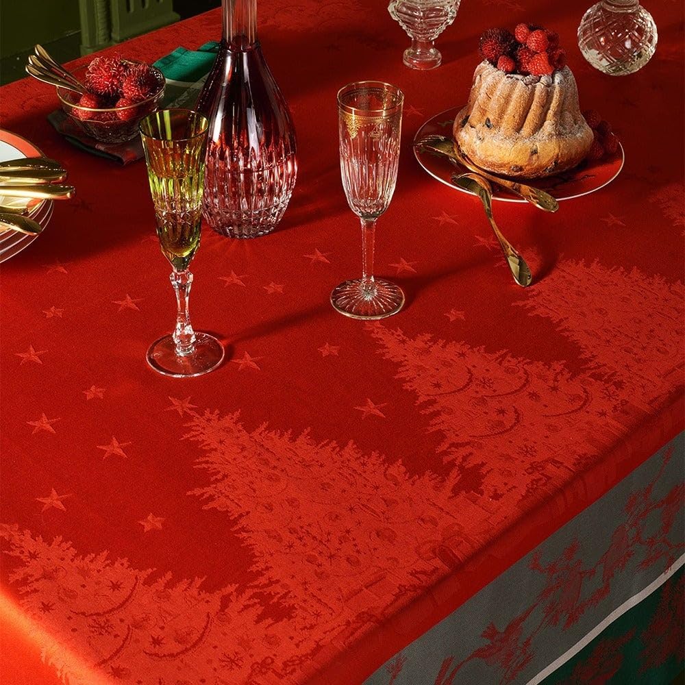 Garnier-Thiebaut, Cadeaux de Noel, mantel de Navidad jacquard francés rojo, 69 x 120 pulgadas, verde dulce tratado