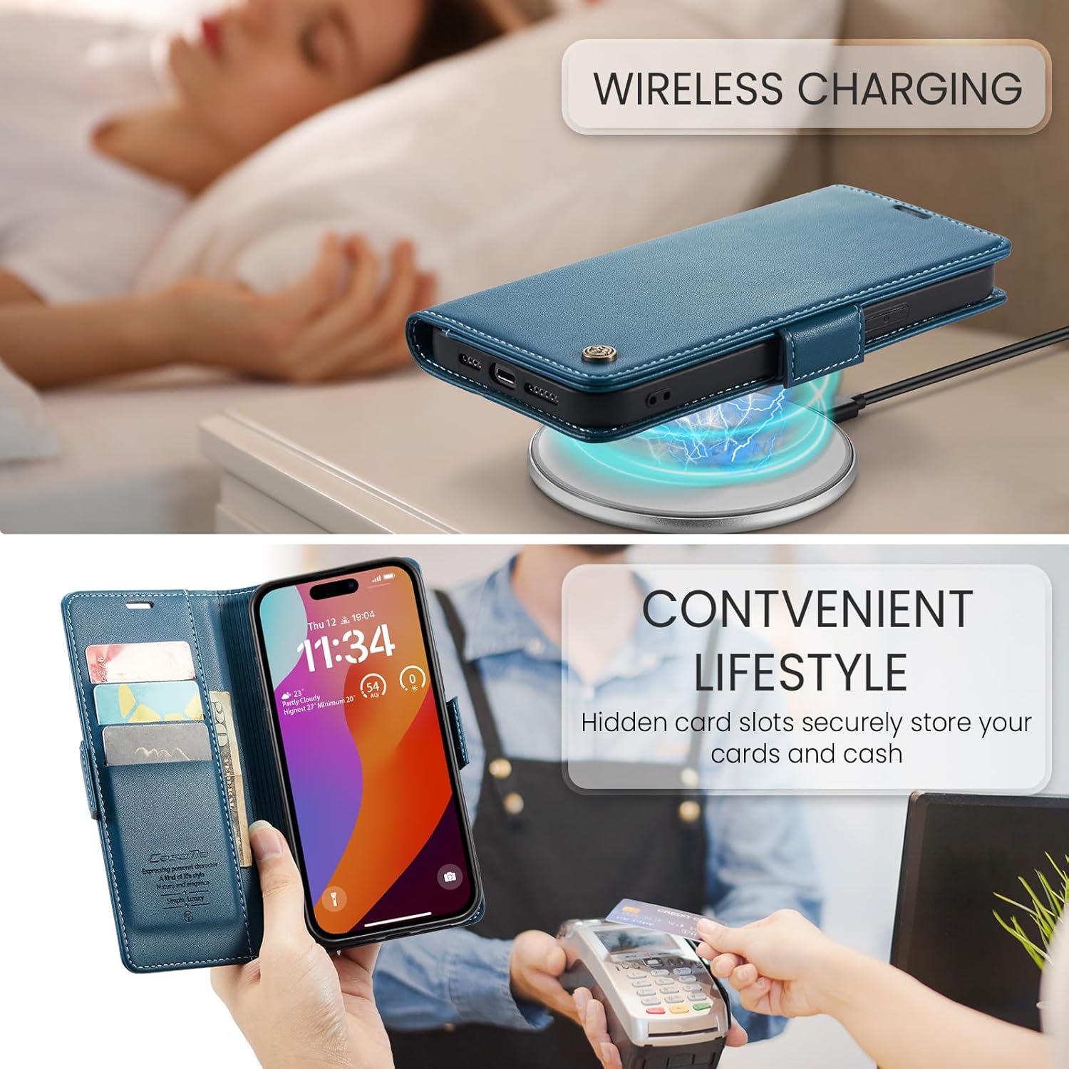 Funda para iPhone 15 Pro Max, bloqueo RFID Funda de piel sintética con tarjetero y soporte para tarjetas, funda a prueba de golpes para iPhone 15