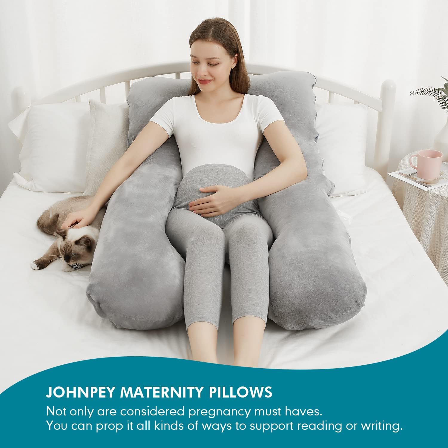 JOHNPEY Almohadas de embarazo para dormir, almohada de cuerpo completo en forma de U, almohada de maternidad imprescindible para el embarazo con