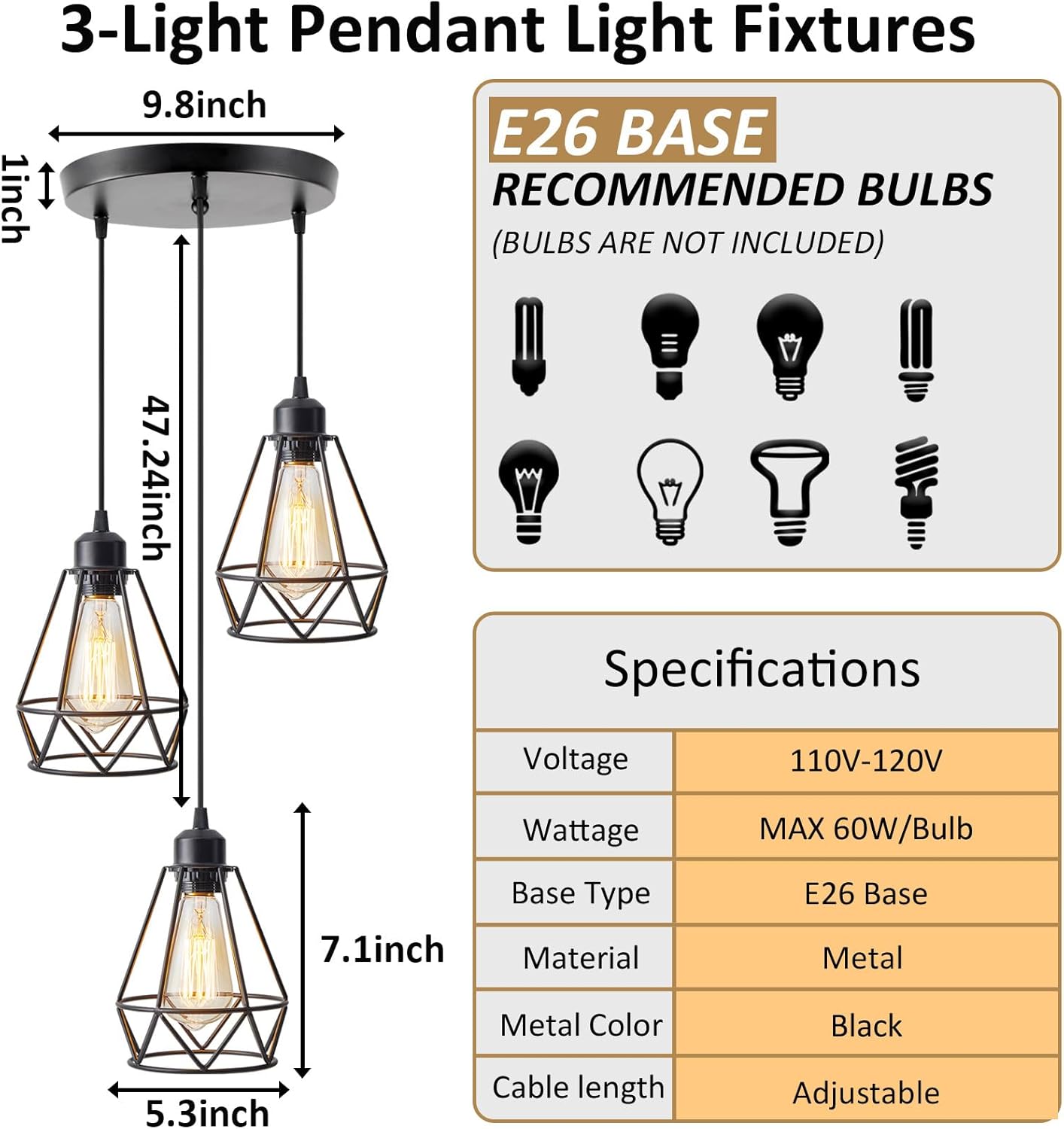YXTH Lámpara colgante de 3 luces, iluminación colgante colgante de granja, lámpara colgante de isla de cocina industrial ajustable, lámpara de techo