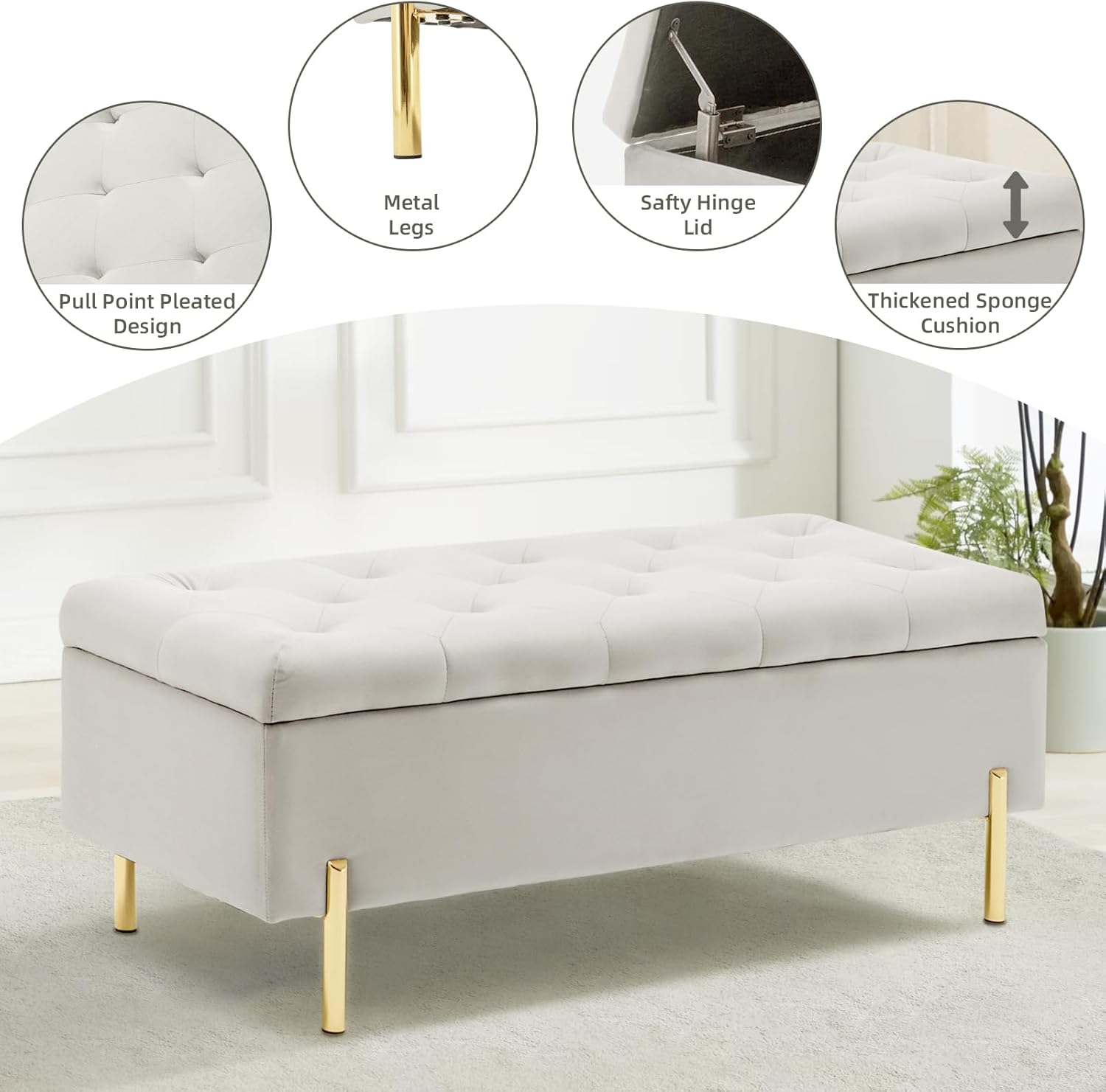 TUOMUR 45 Inch Velvet Storage Bench Upholstered Tufted Settee Ottoman Bench with Storage, Bed End Bench with Soft Close Lid, for Bedroom, Living