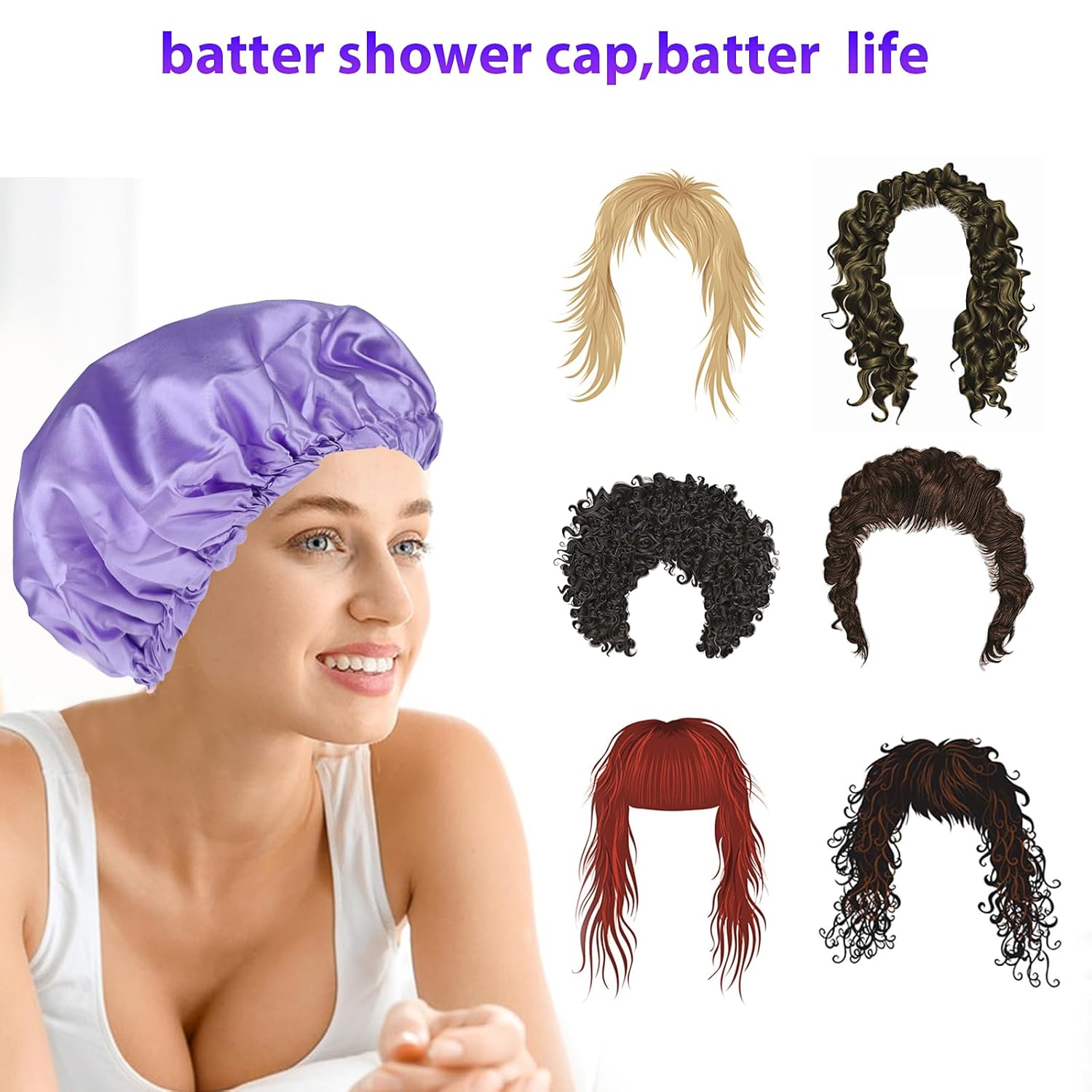 Gorro de ducha impermeable grande de doble capa, gorro de ducha reutilizable para mujeres (morado)