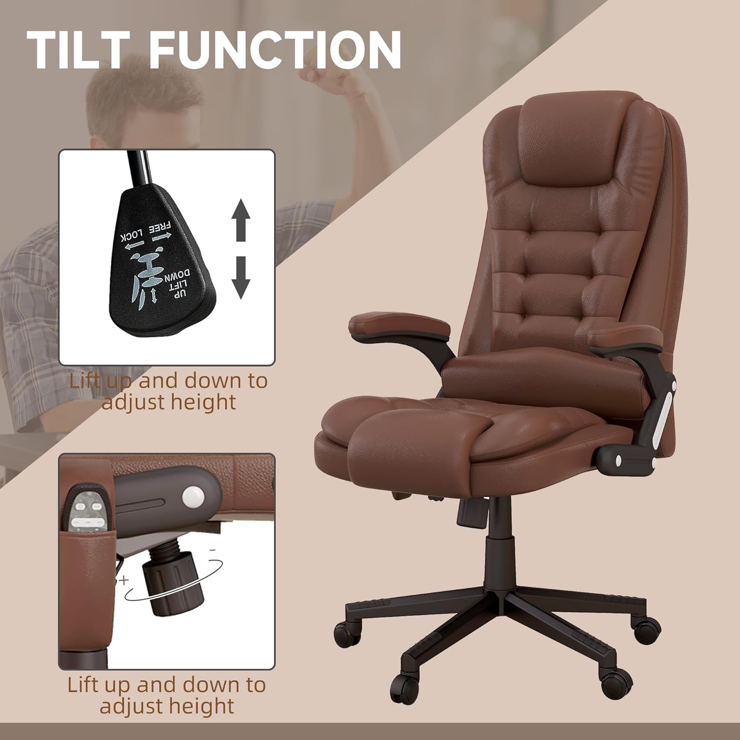 HOMCOM Silla de oficina de masaje con vibración de respaldo alto con 6 puntos de vibración, silla de computadora reclinable con calefacción de piel