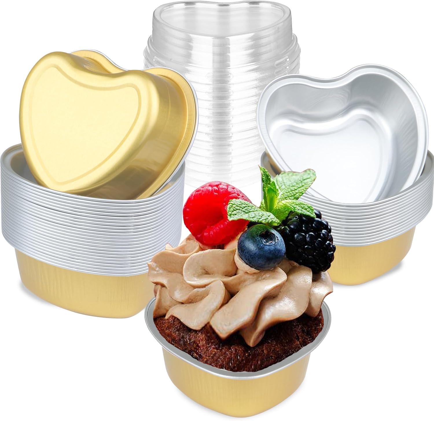 Moldes para pasteles en forma de corazón de 3.5 onzas, molde de papel de aluminio con tapas, 50 piezas desechables de corazón pequeño para hornear,