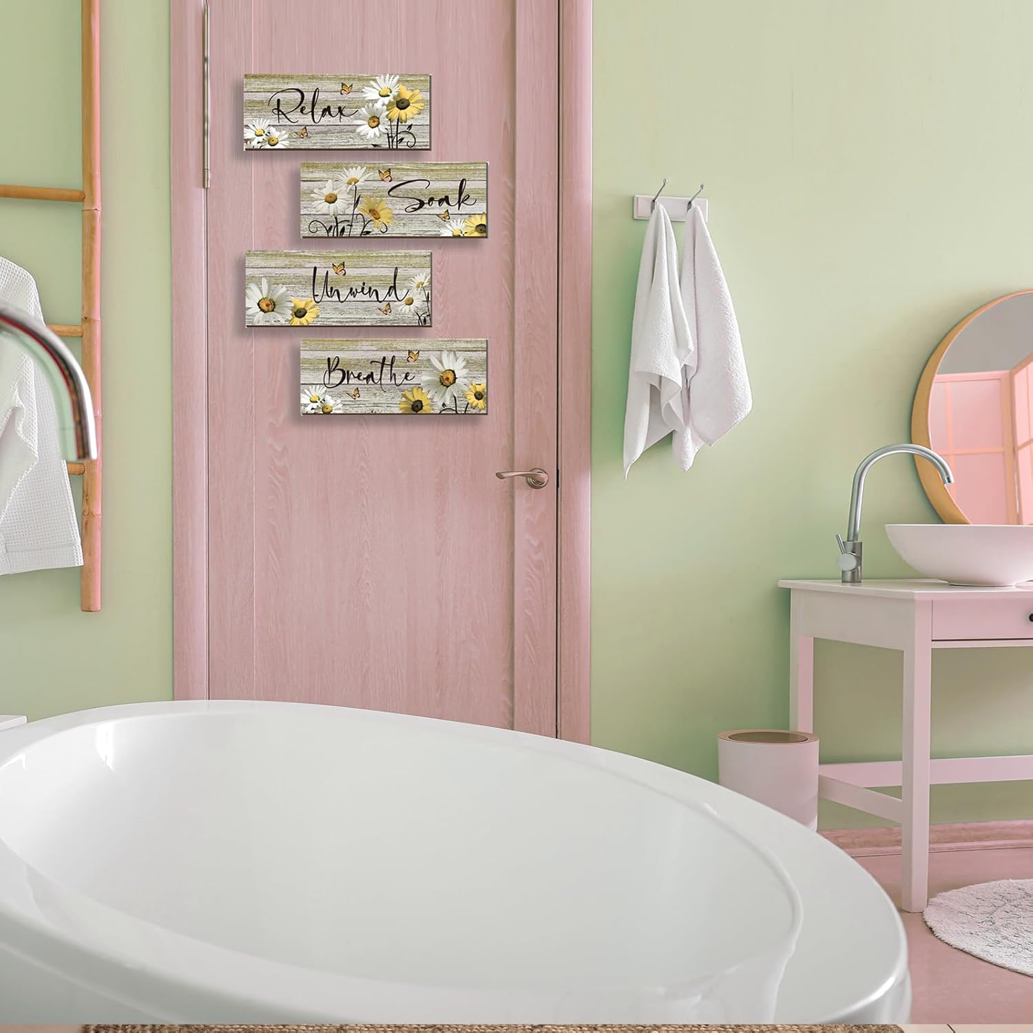 ZINYAZHE 4 piezas de decoración de pared de baño amarillas de margaritas amarillas y mariposas amarillas, arte de pared amarillo para relajarse,