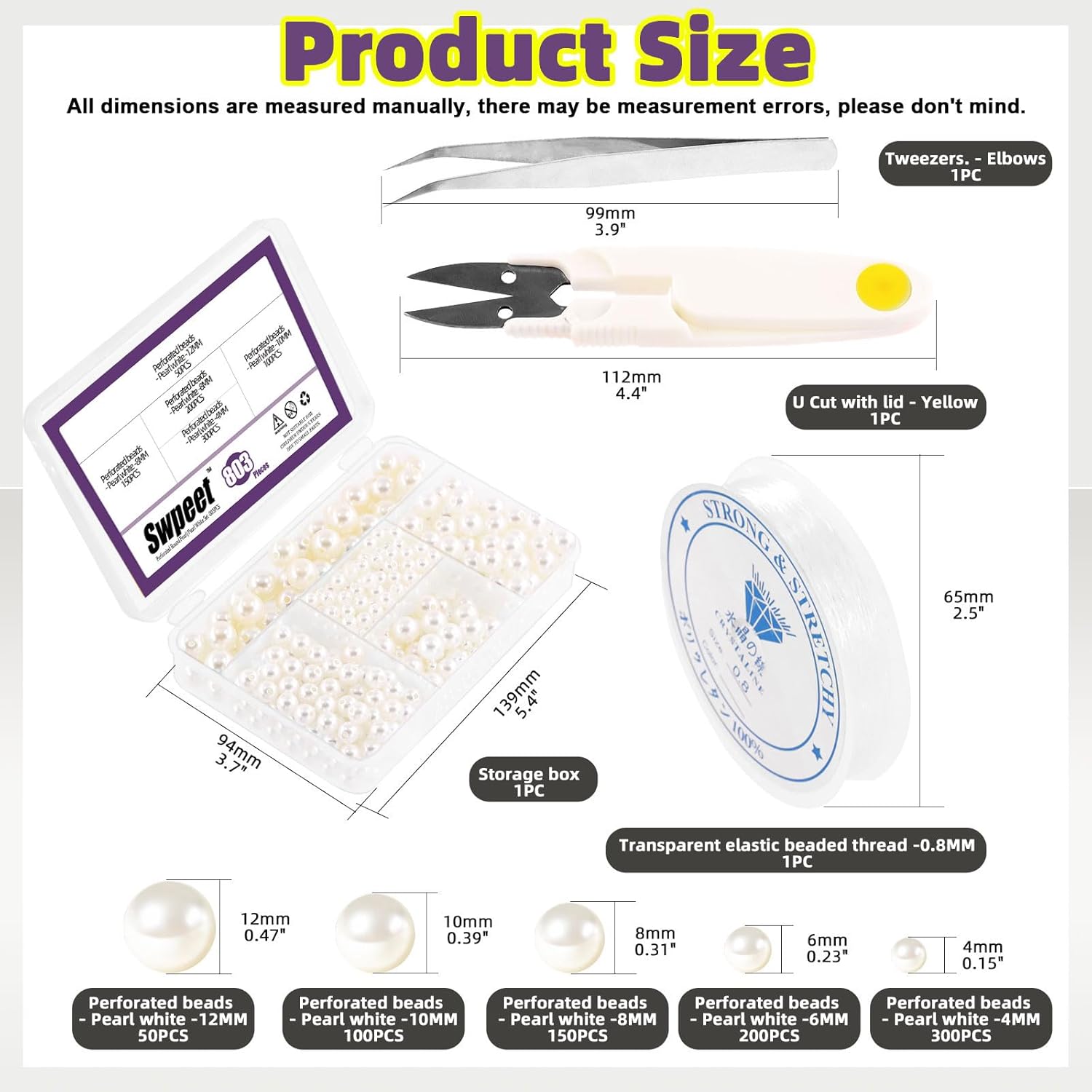 Swpeet 800 piezas de 5 tamaños de 0.157 in, 0.236 in, 0.315 in, 0.394 in y 0.472 in, cuentas de perlas perforadas blancas y tijeras con kit surtido