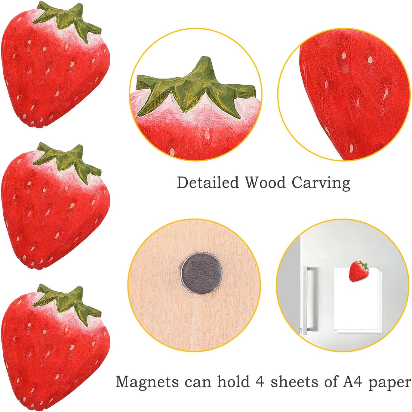 Lindos imanes de fresas  Juego de imanes de nevera tallados a mano de madera tallada a mano para taquillas de cocina, cafetería, pizarra blanca (1)