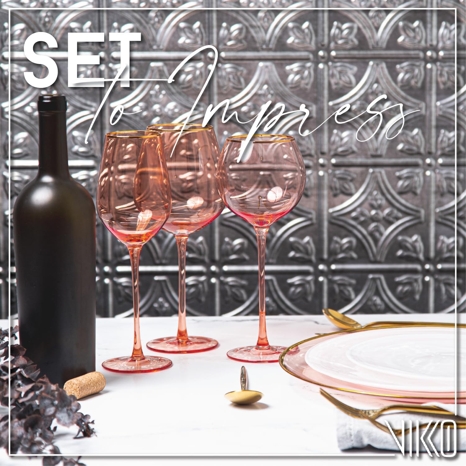 Vikko Copas de vino, copa de vino coral de 17 onzas con borde dorado, juego de 4 copas de vino con tallo para vino tinto y blanco, copas de vino de