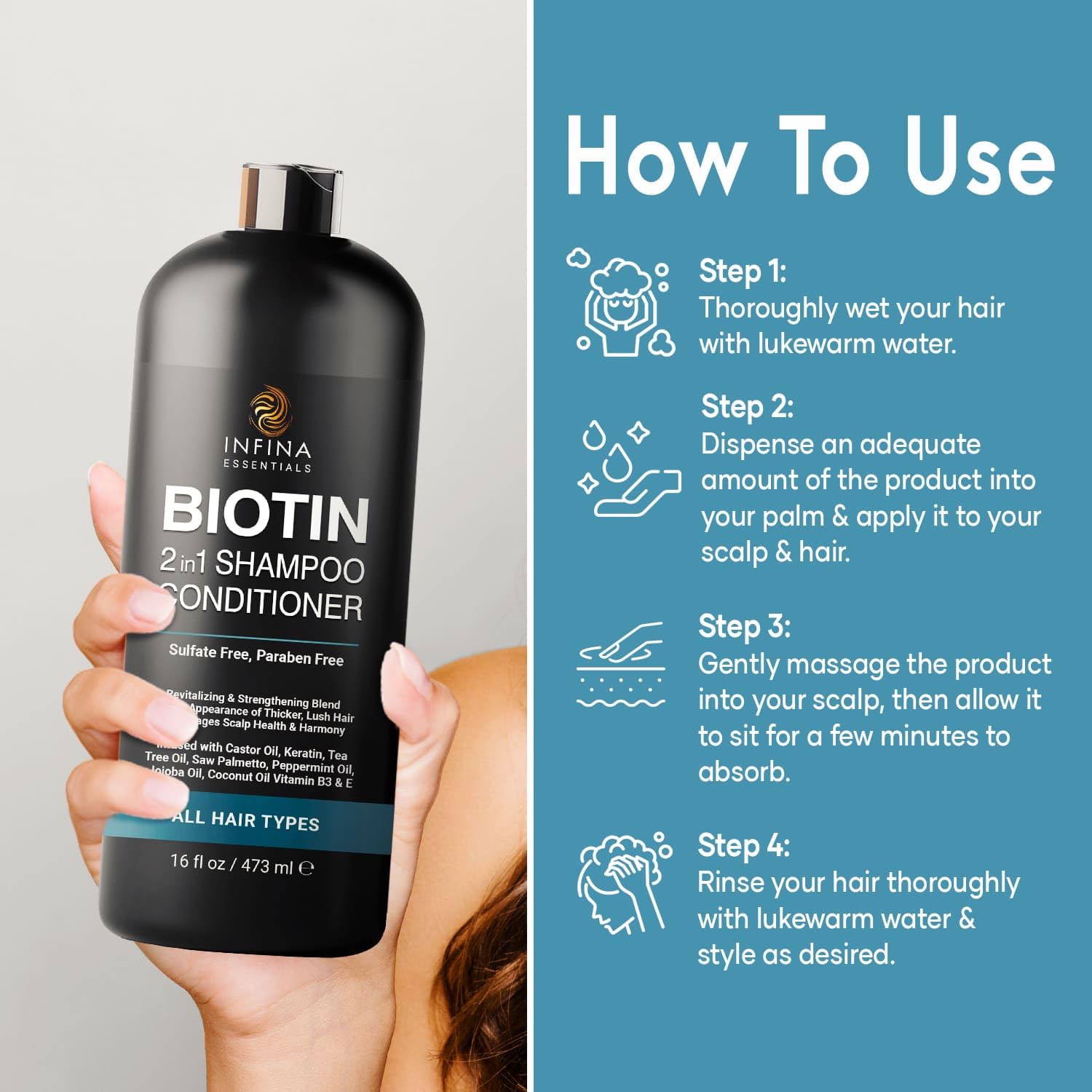 Biotin Champú y acondicionador 2 en 1 para hombres y mujeres  Espesamiento del cabello con palma enana americana, queratina, cafeína y vitamina E