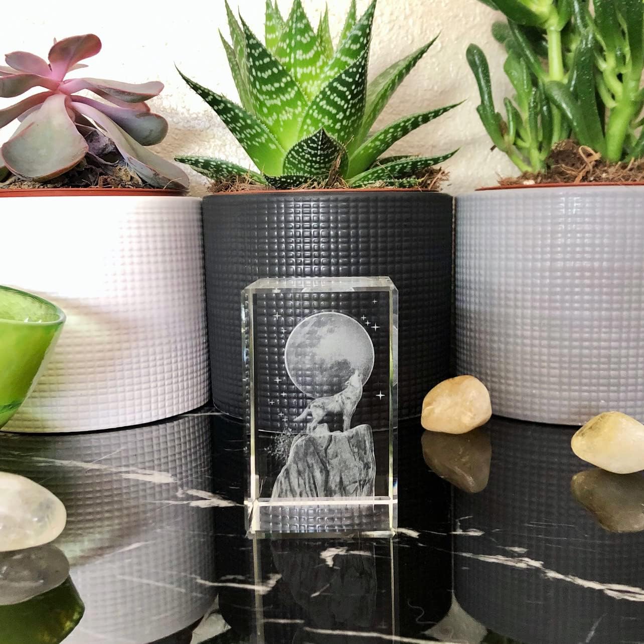 Regalo de lobo para decoración del hogar, cristal 3D K9 para amantes del lobo, lobo aullando en luna llena, figura grabada con láser en caja de