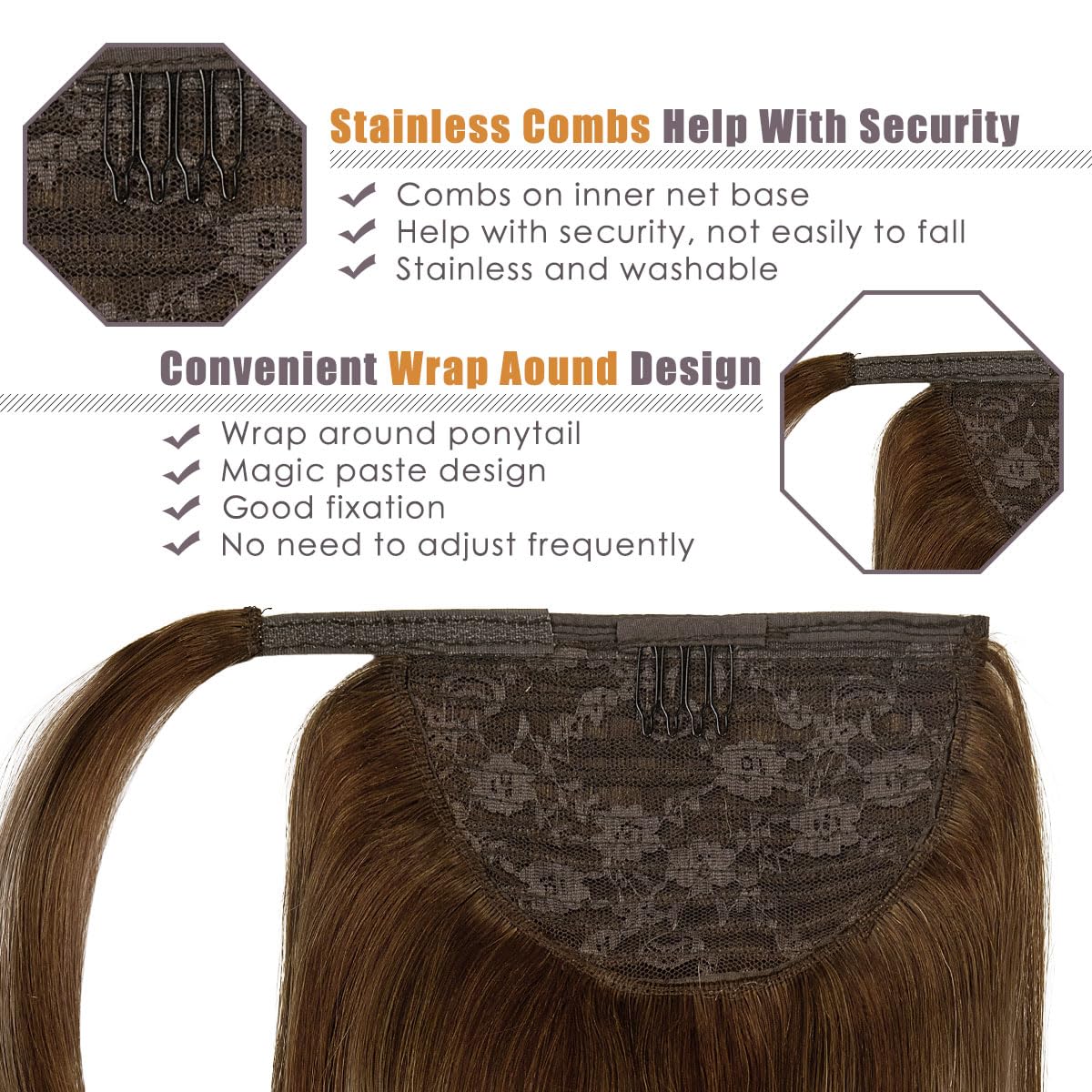 Lacer Extensiones de cabello humano real con cola de caballo larga, color marrón chocolate a castaño de 20 pulgadas, cabello humano envolvente,